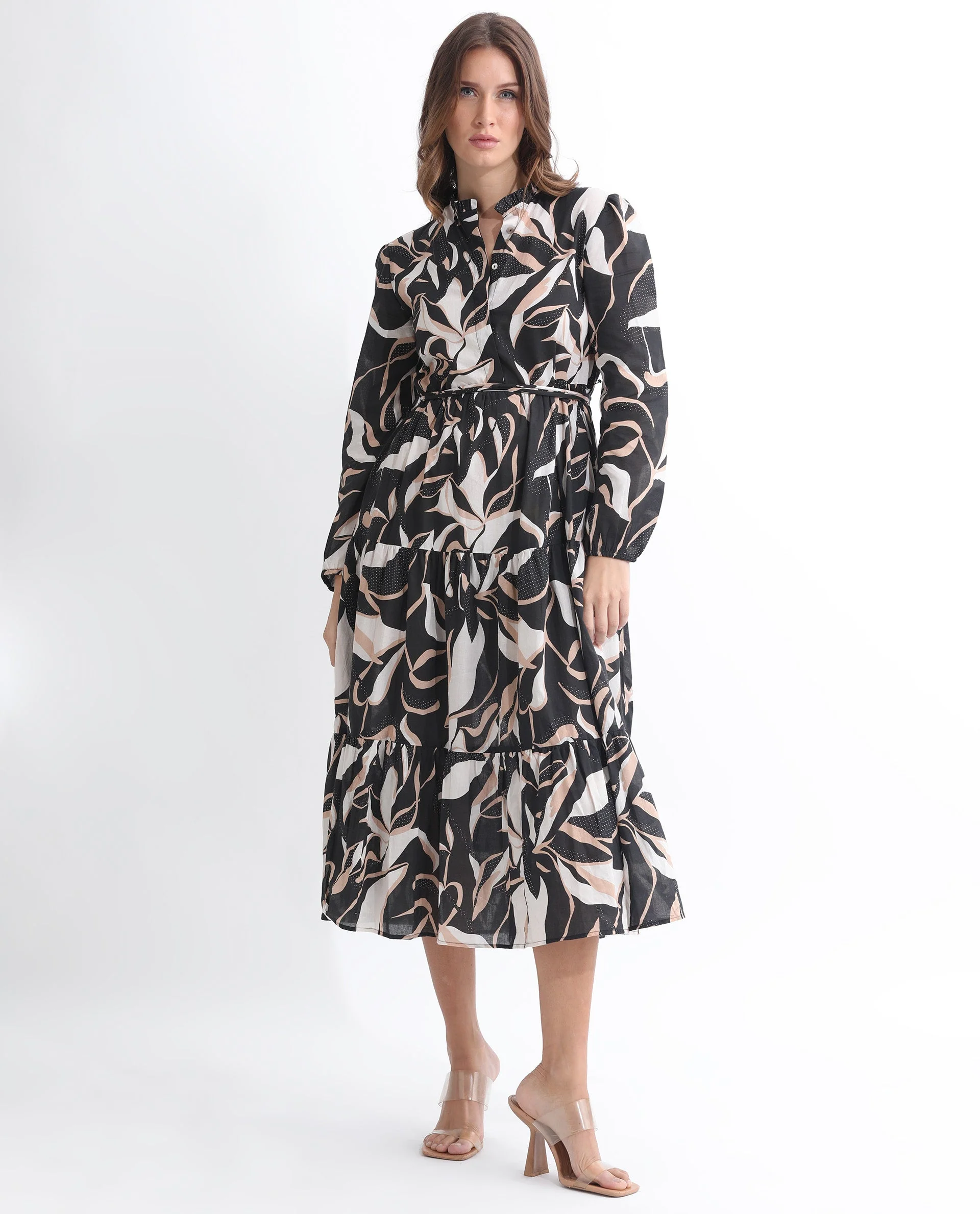 Rareism Women's Zigzora Black Cotton Sweetheart Neck Abstract Print Knee Length Regular Fit Dress - Image 4