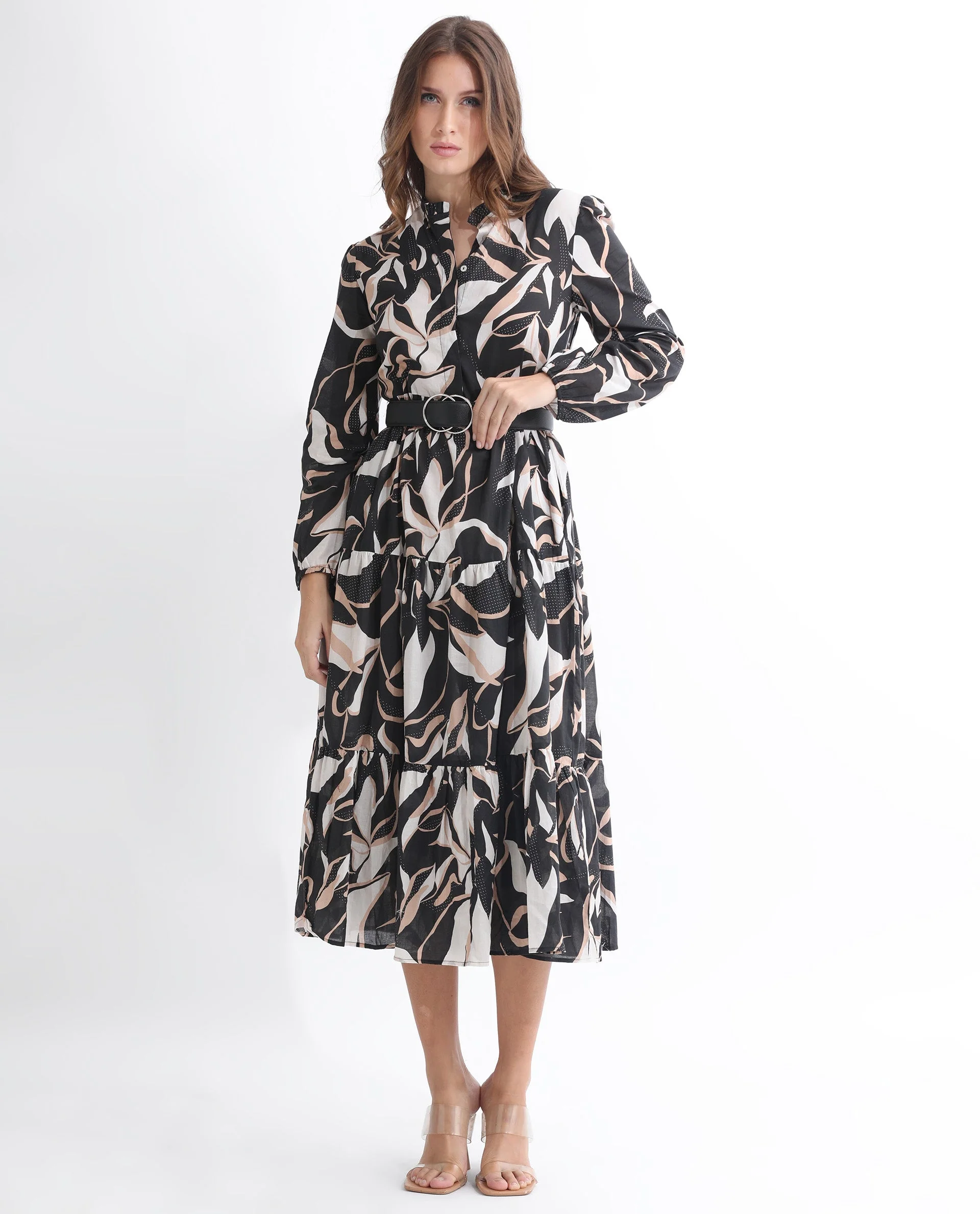 Rareism Women's Zigzora Black Cotton Sweetheart Neck Abstract Print Knee Length Regular Fit Dress - Image 6