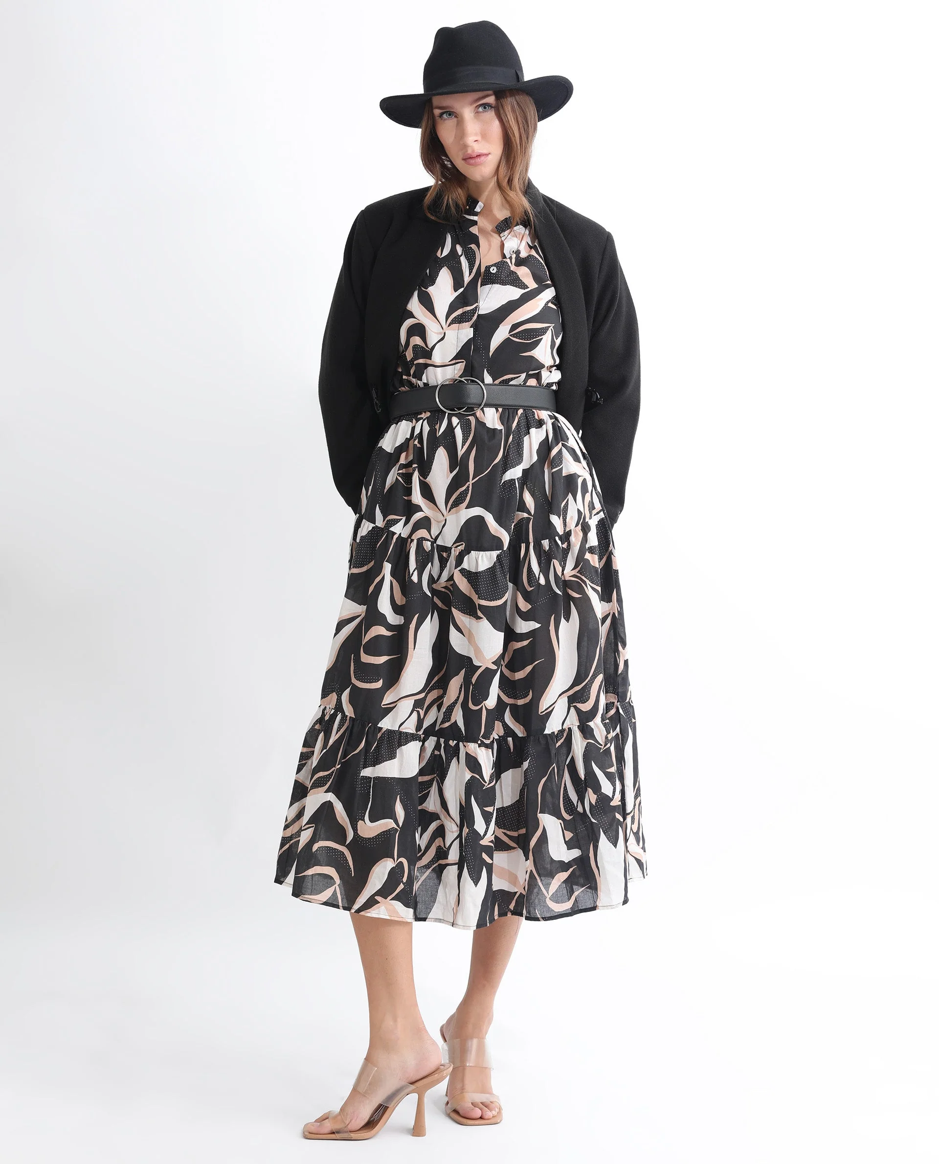 Rareism Women's Zigzora Black Cotton Sweetheart Neck Abstract Print Knee Length Regular Fit Dress - Image 8