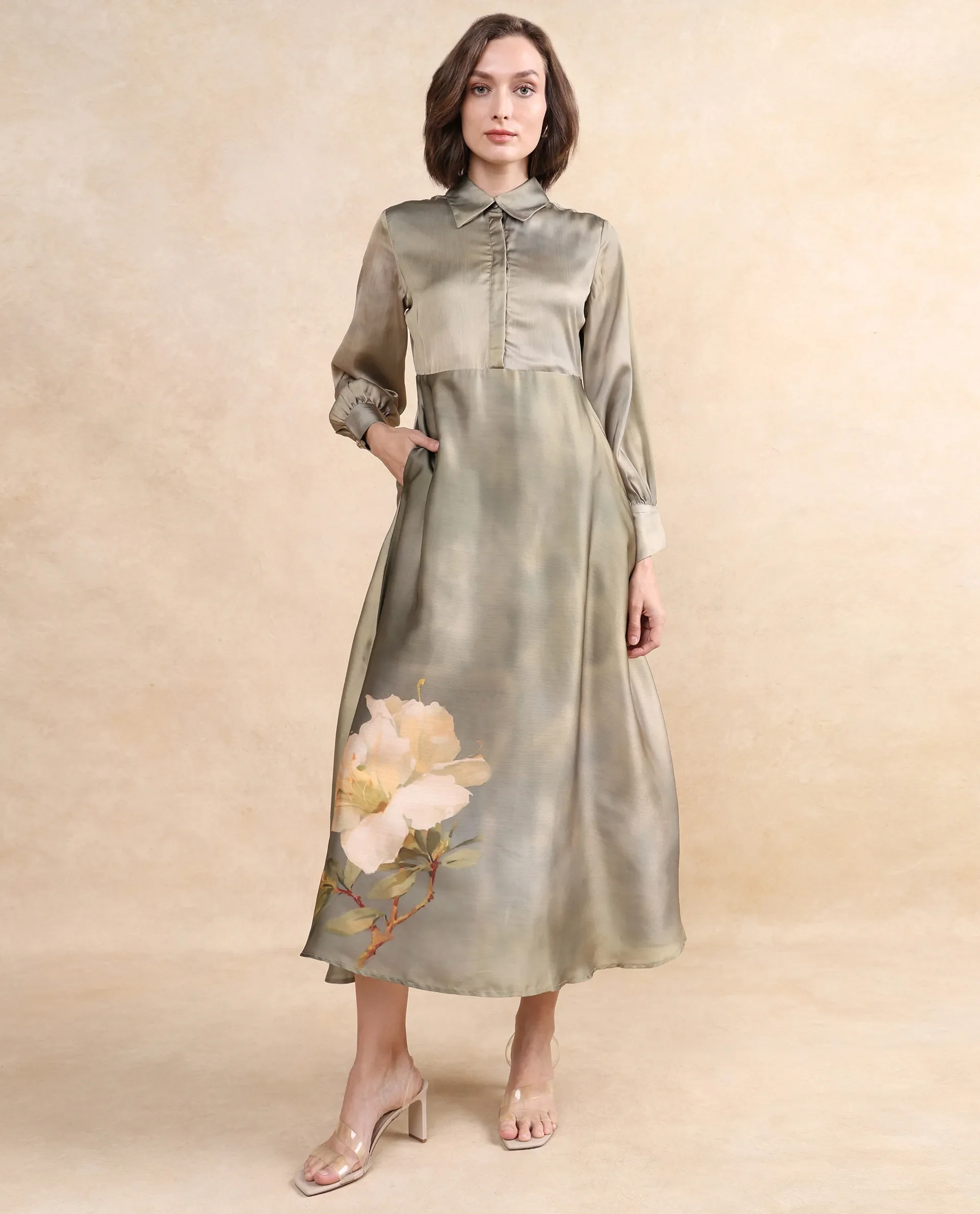 Rareism Women's Zihawk Olive Satin Drop Collar Floral Print Cuffed Sleeve Midi Flared Dress - Image 3