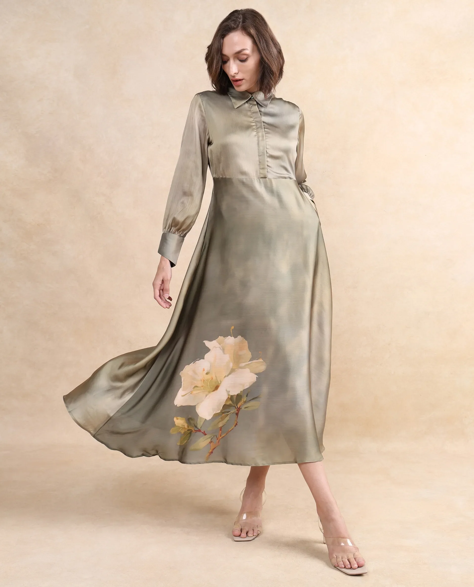 Rareism Women's Zihawk Olive Satin Drop Collar Floral Print Cuffed Sleeve Midi Flared Dress - Image 4