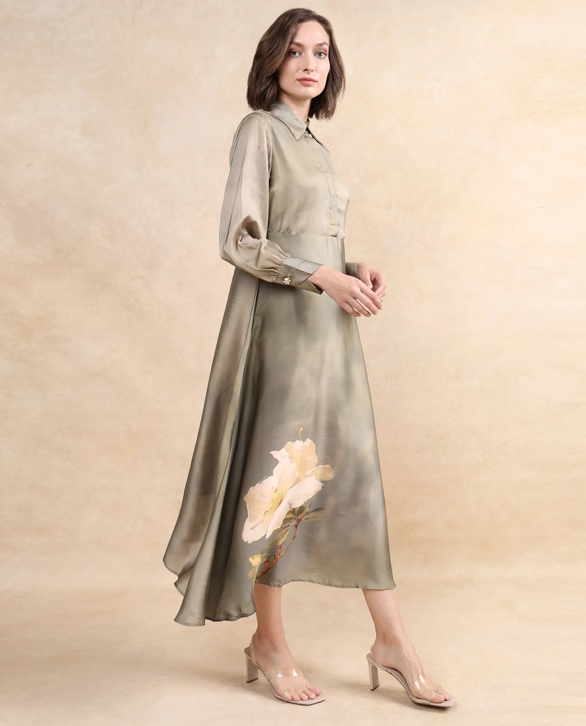 Rareism Women's Zihawk Olive Satin Drop Collar Floral Print Cuffed Sleeve Midi Flared Dress - Image 5