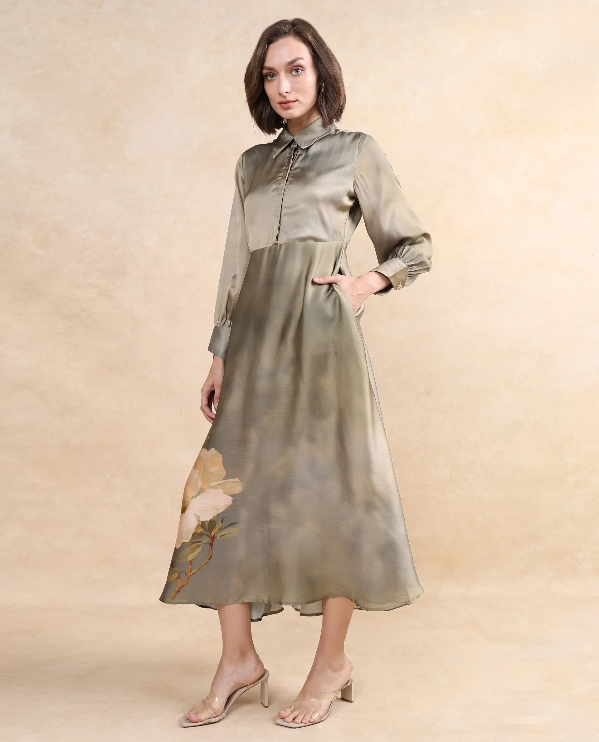 Rareism Women's Zihawk Olive Satin Drop Collar Floral Print Cuffed Sleeve Midi Flared Dress - Image 6