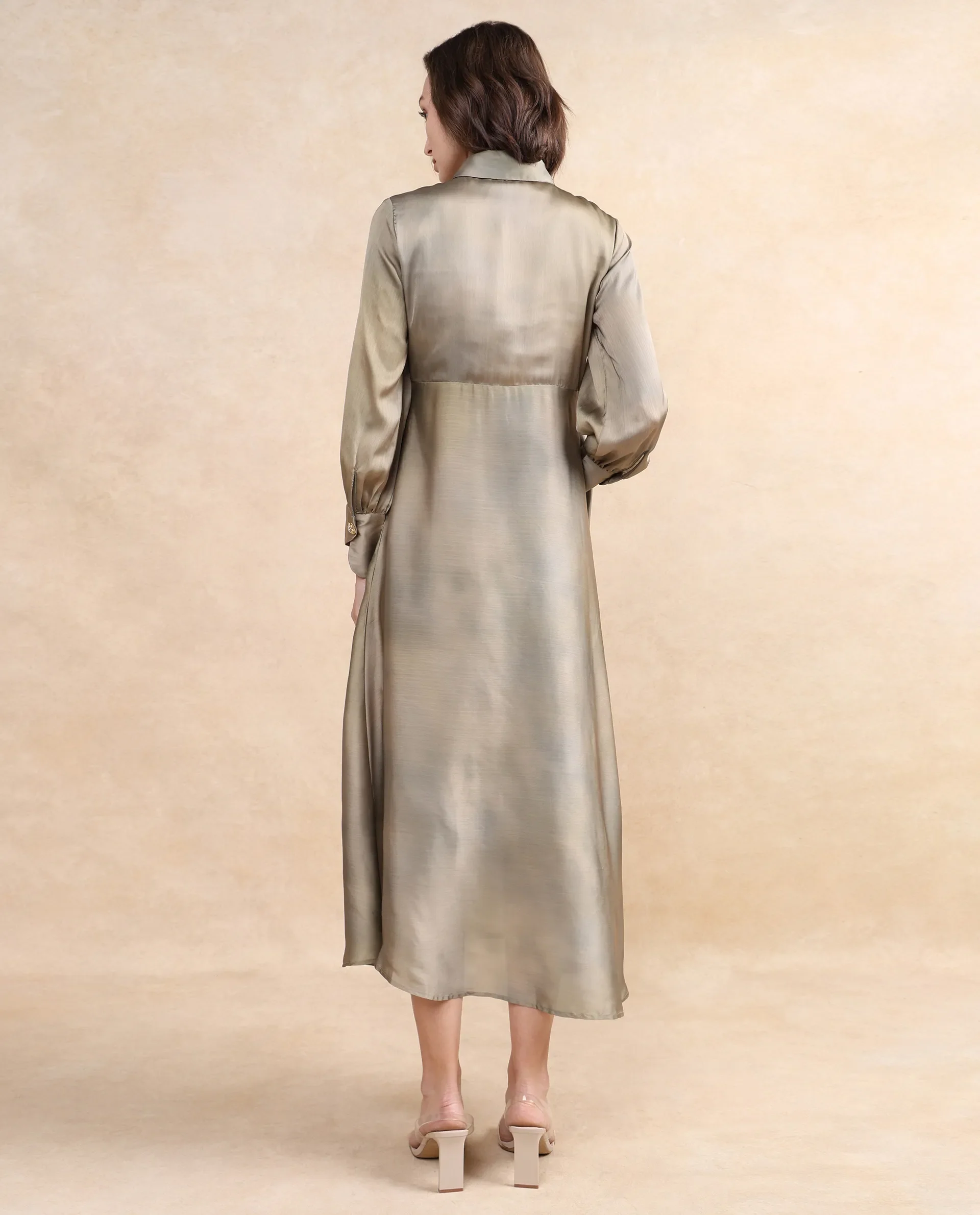 Rareism Women's Zihawk Olive Satin Drop Collar Floral Print Cuffed Sleeve Midi Flared Dress - Image 7