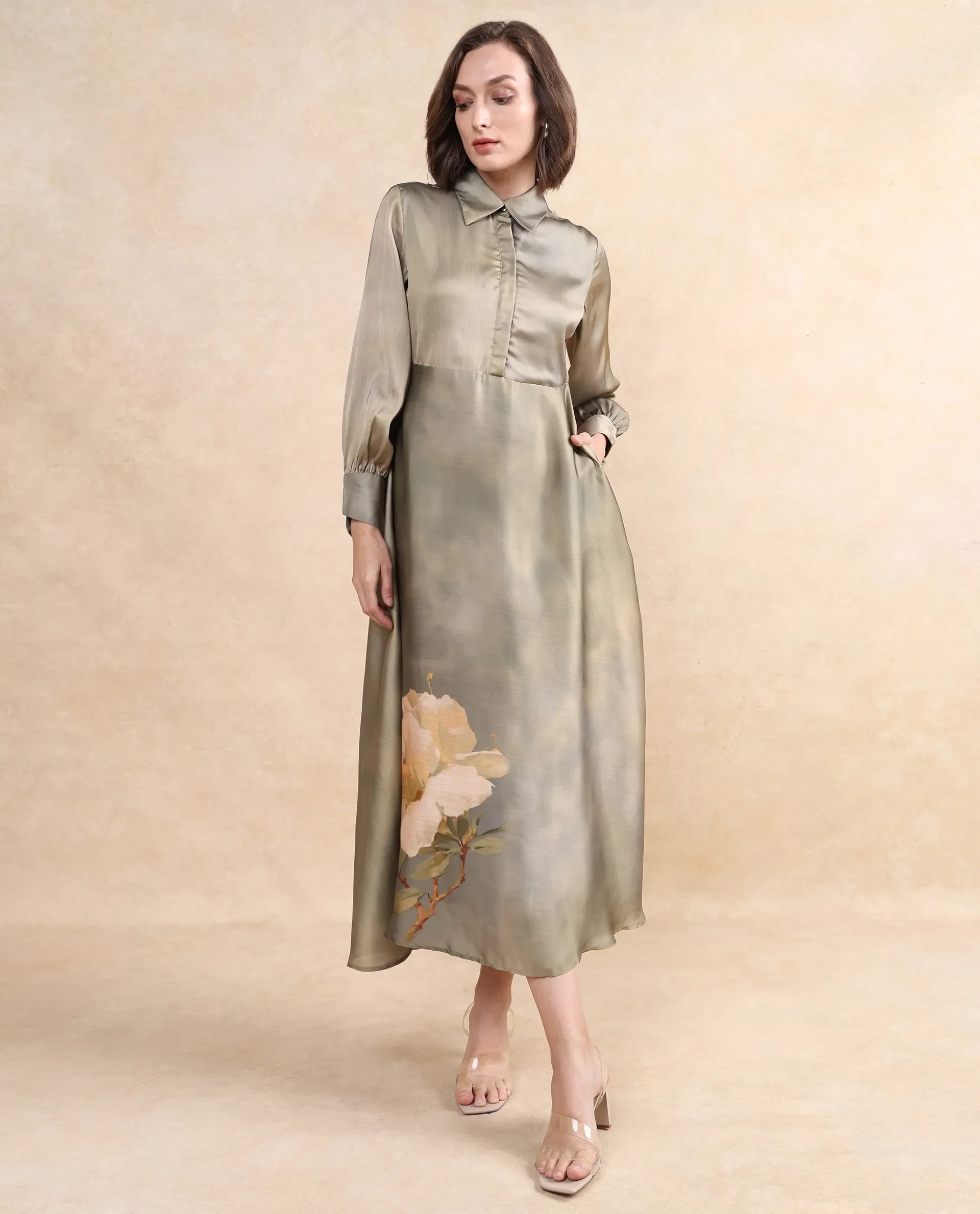 Rareism Women's Zihawk Olive Satin Drop Collar Floral Print Cuffed Sleeve Midi Flared Dress - Image 8