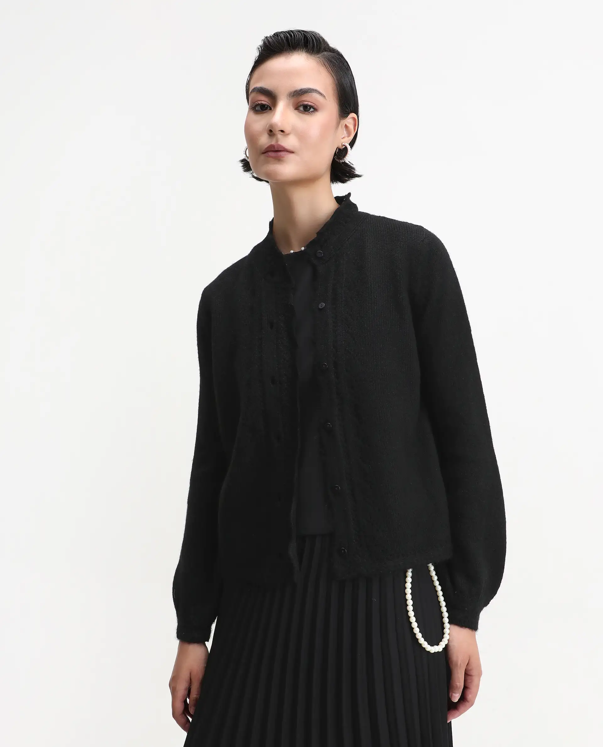 Rareism Women's Zika Black Acrylic Blend Crew Neck Regular Fit Shrug