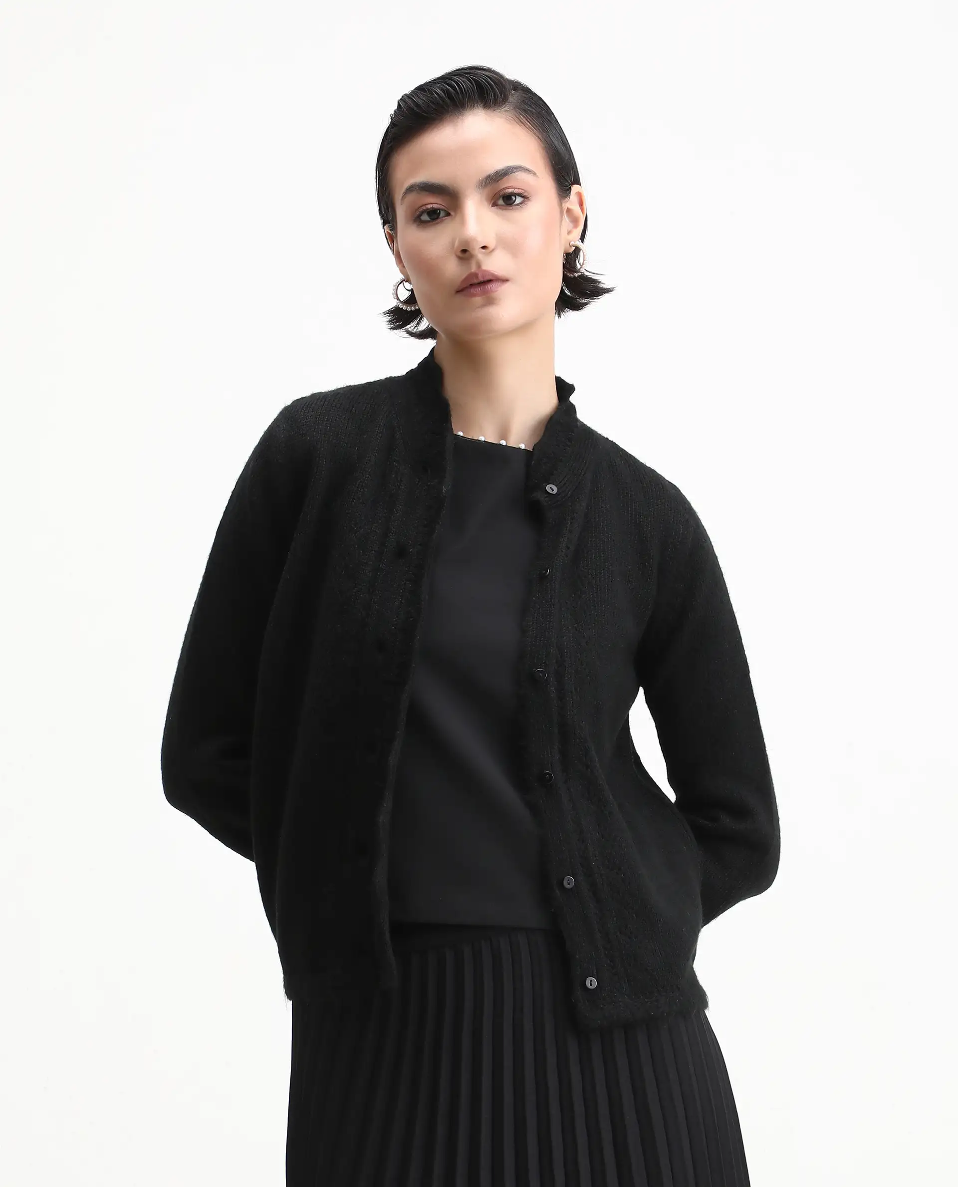 Rareism Women's Zika Black Acrylic Blend Crew Neck Regular Fit Shrug - Image 3
