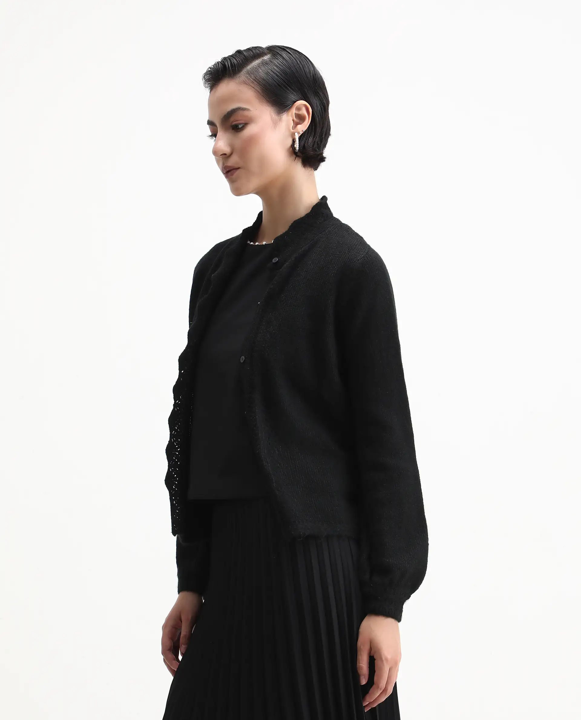 Rareism Women's Zika Black Acrylic Blend Crew Neck Regular Fit Shrug - Image 4