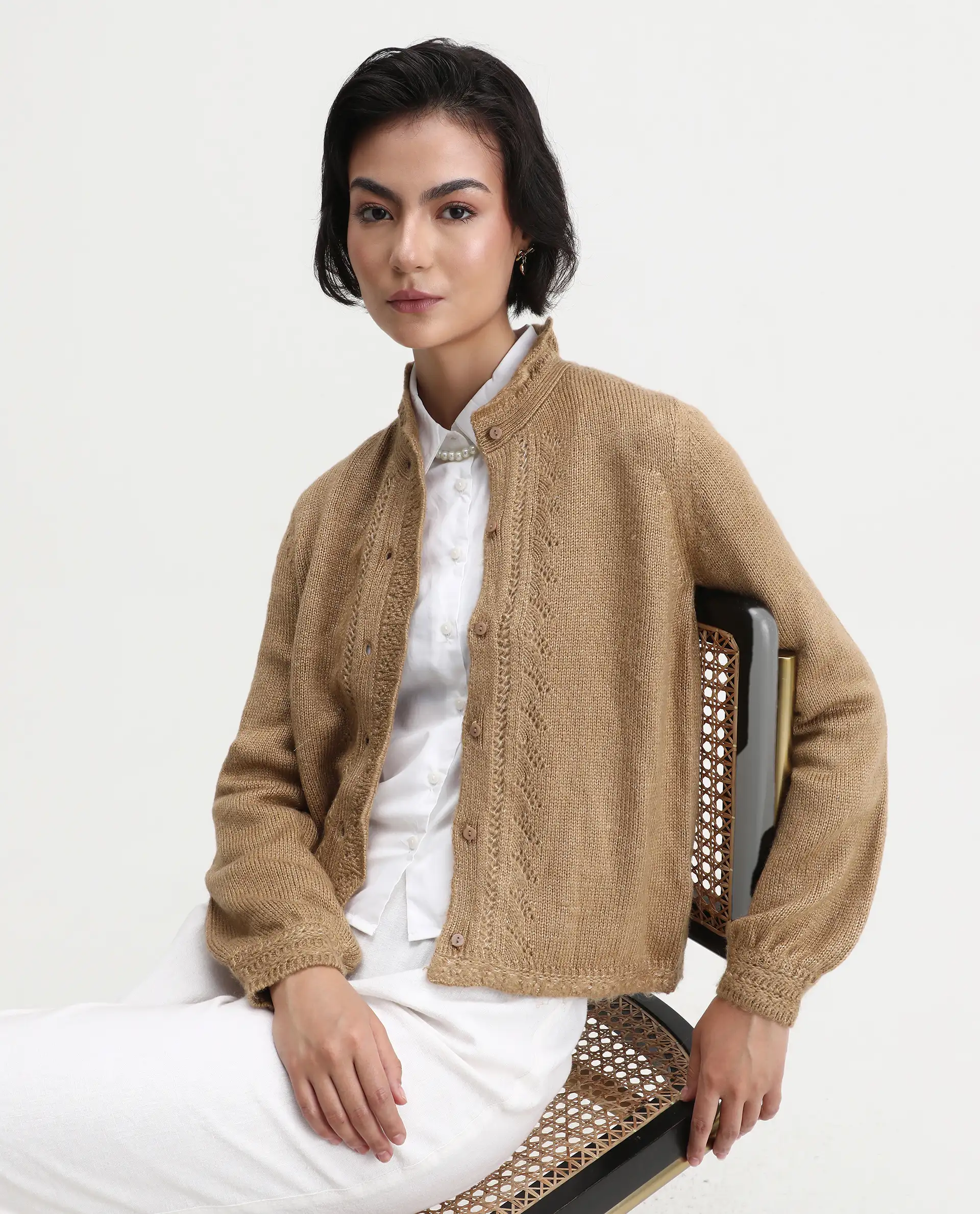 Rareism Women's Zika Khaki Acrylic Blend Spread Collar Regular Fit Sweater - Image 2