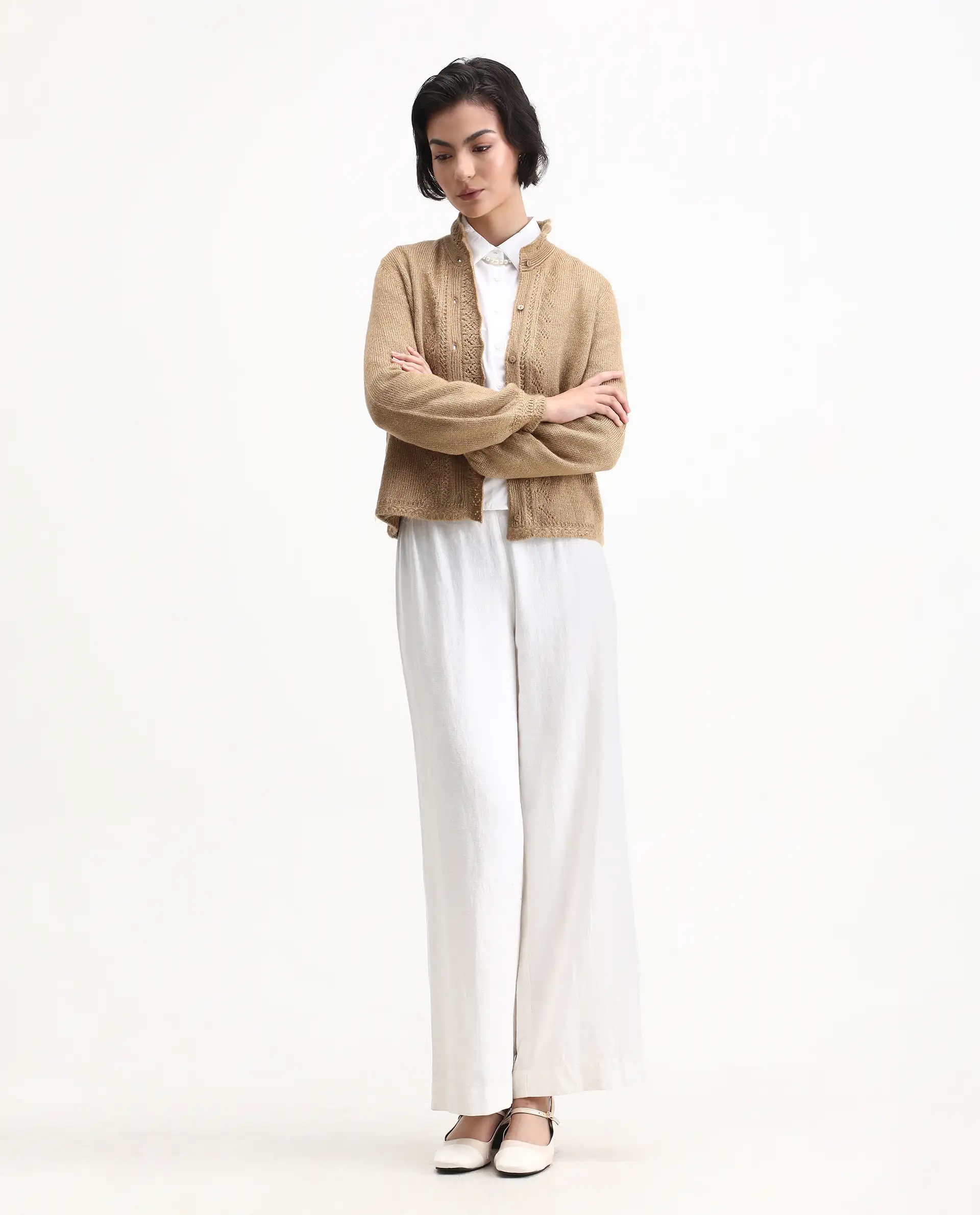 Rareism Women's Zika Khaki Acrylic Blend Spread Collar Regular Fit Sweater - Image 3