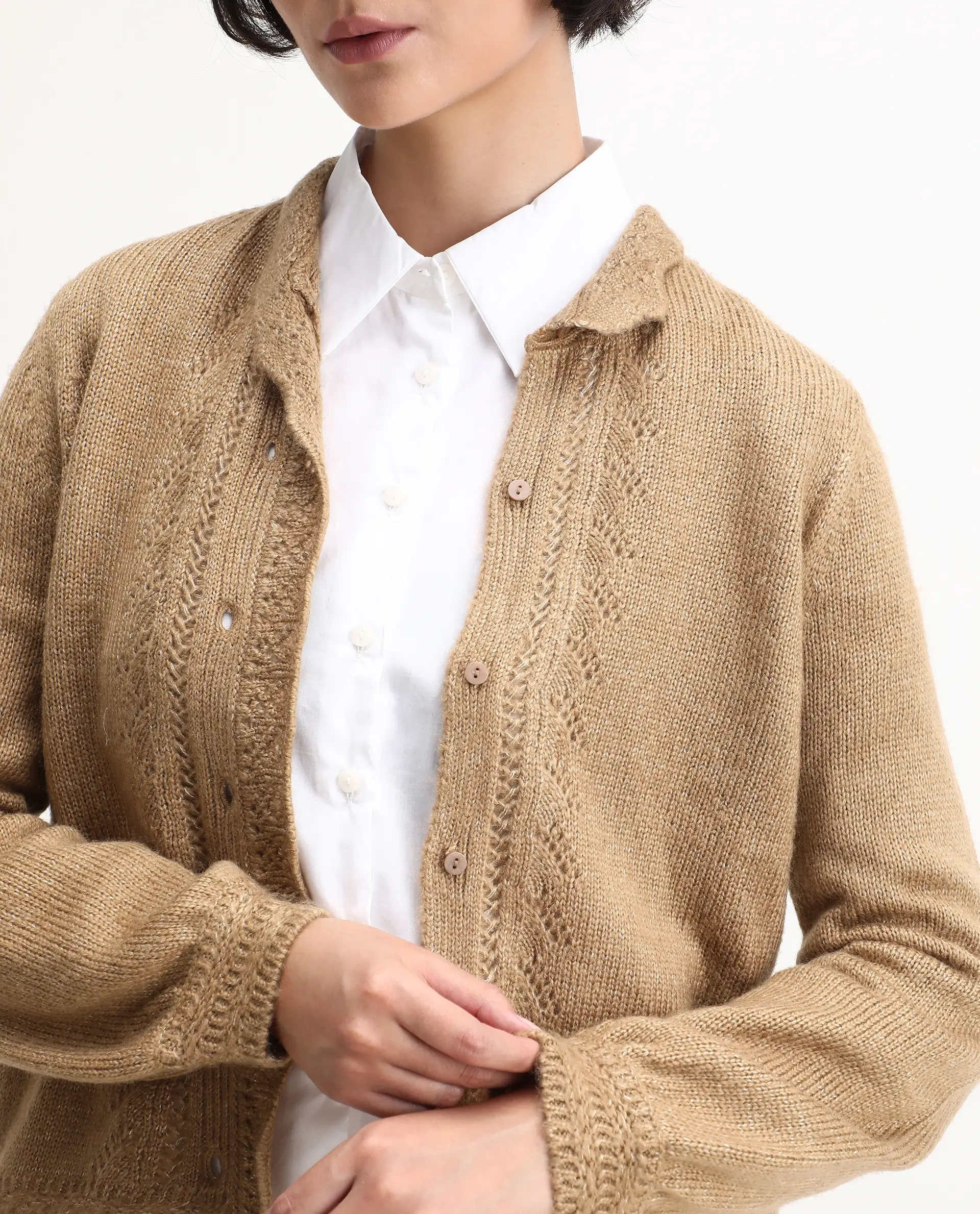 Rareism Women's Zika Khaki Acrylic Blend Spread Collar Regular Fit Sweater - Image 4