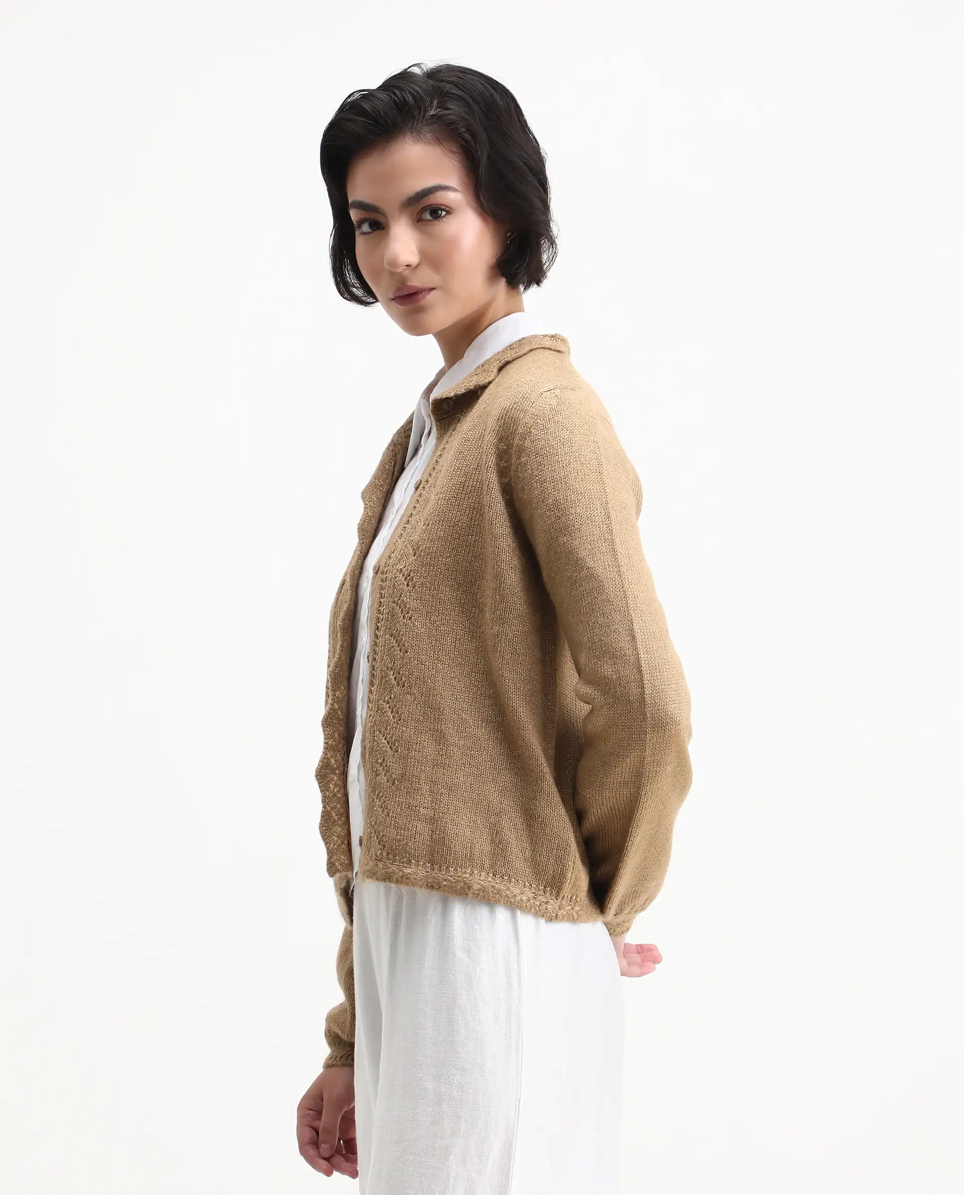 Rareism Women's Zika Khaki Acrylic Blend Spread Collar Regular Fit Sweater - Image 5