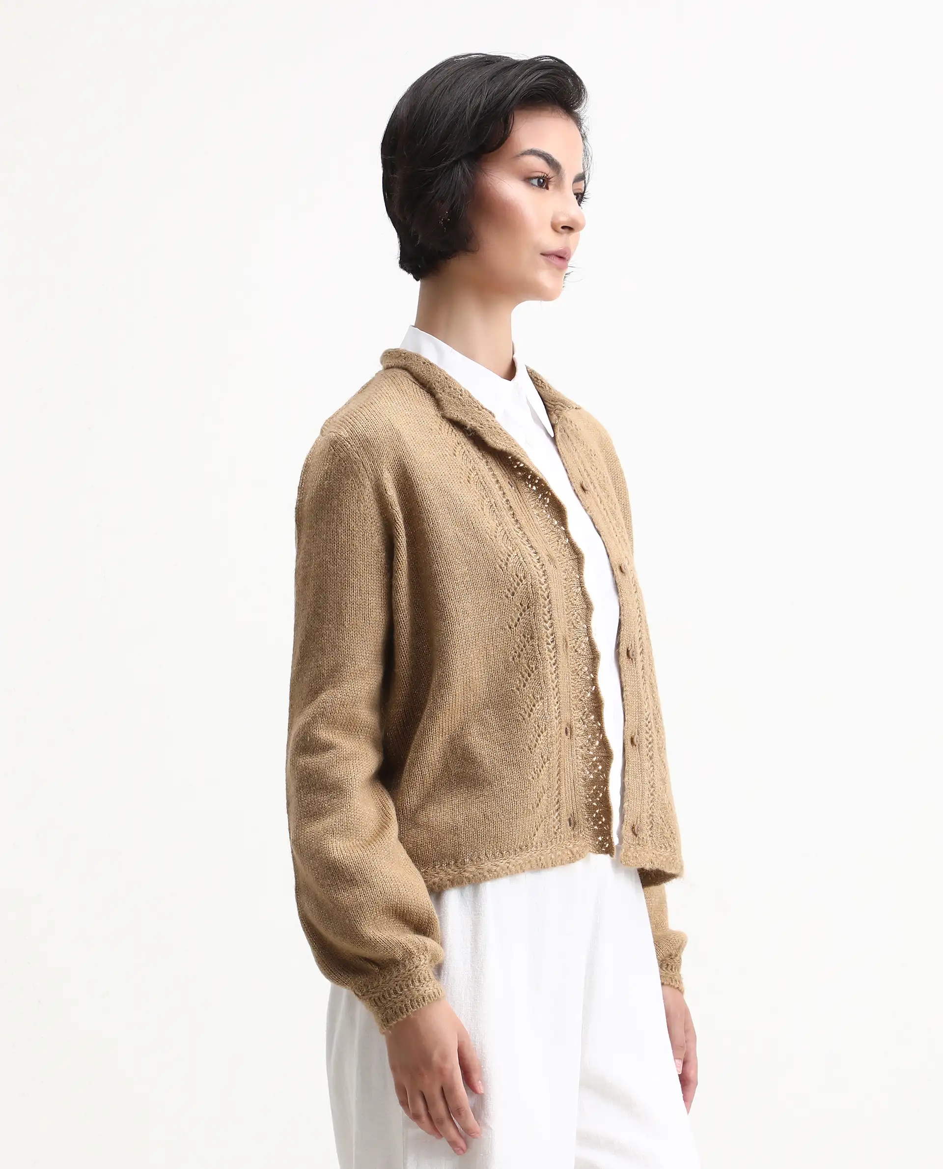 Rareism Women's Zika Khaki Acrylic Blend Spread Collar Regular Fit Sweater - Image 6