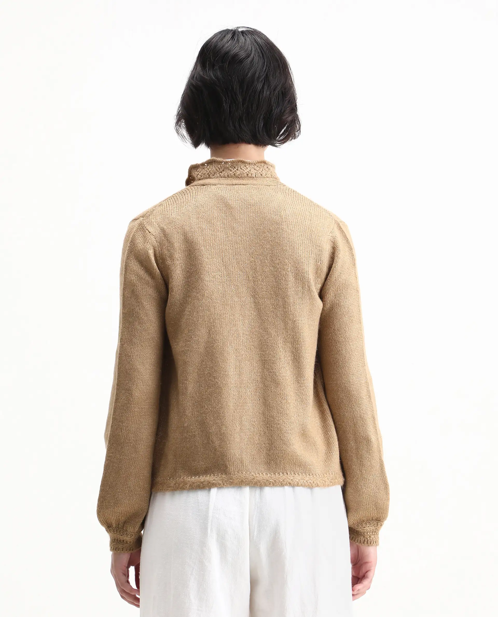 Rareism Women's Zika Khaki Acrylic Blend Spread Collar Regular Fit Sweater - Image 7