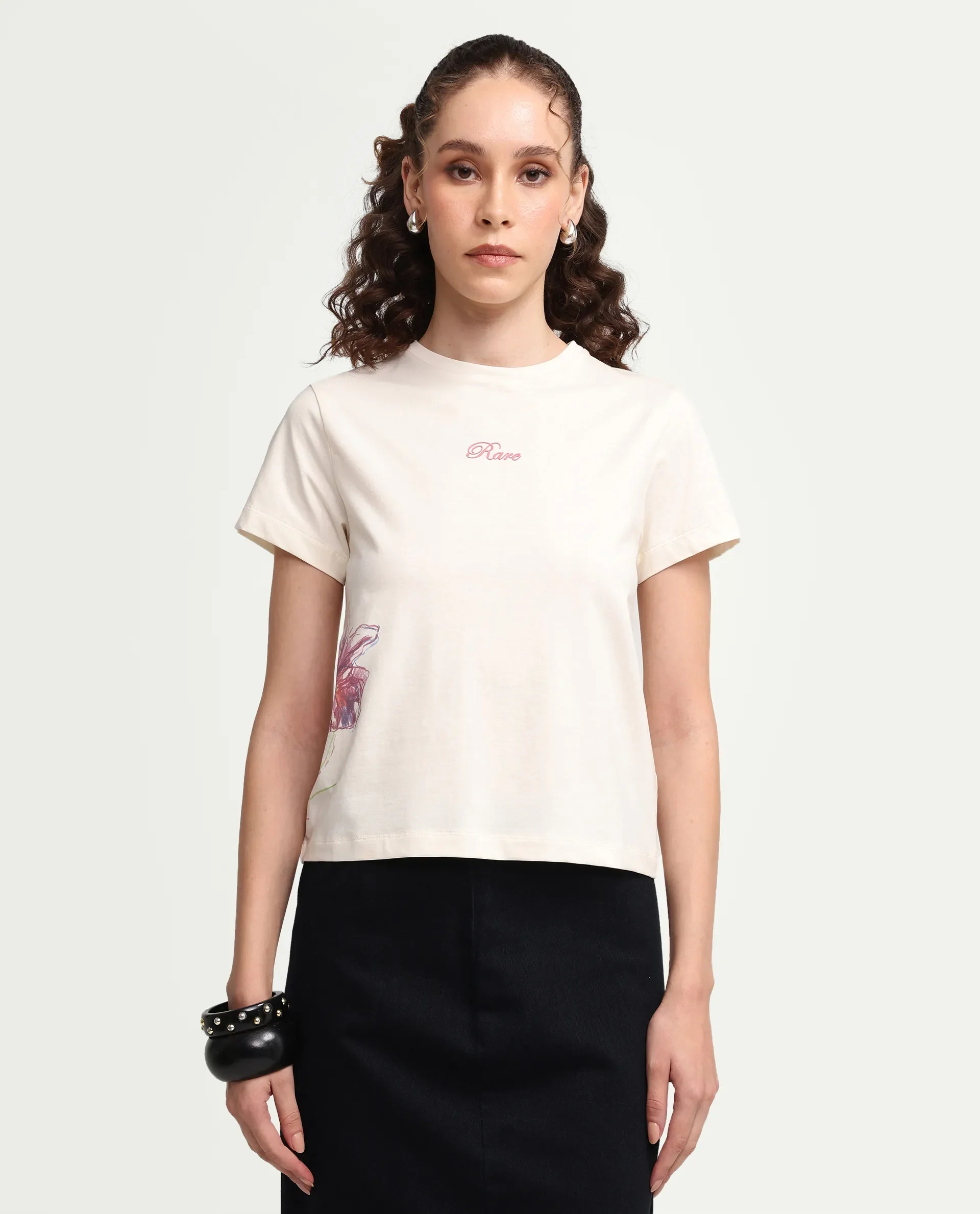 Rareism Women's Zikks Off White Cotton Blend Half Sleeve Regular Fit Floral Print T-Shirt - Image 3