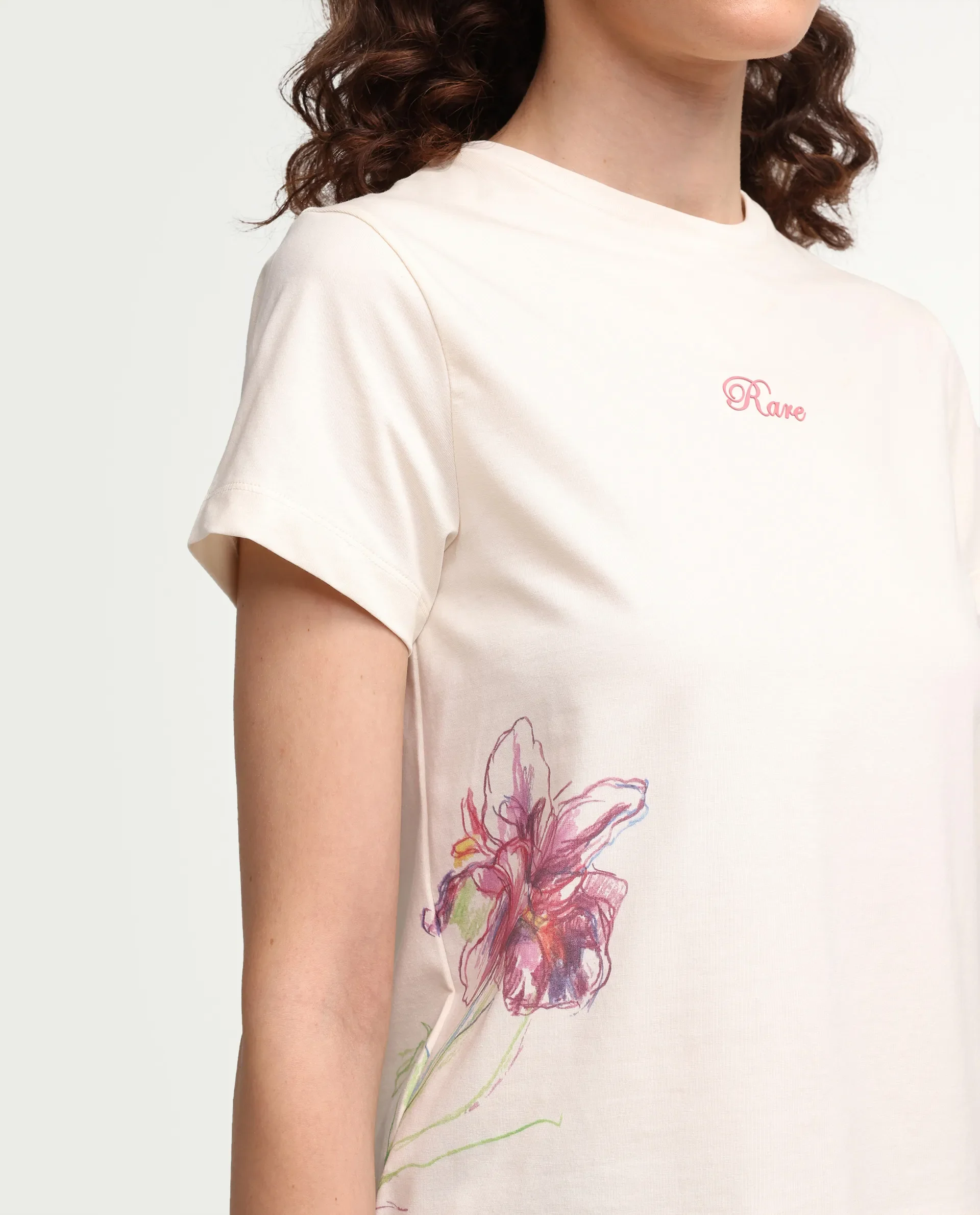 Rareism Women's Zikks Off White Cotton Blend Half Sleeve Regular Fit Floral Print T-Shirt - Image 4