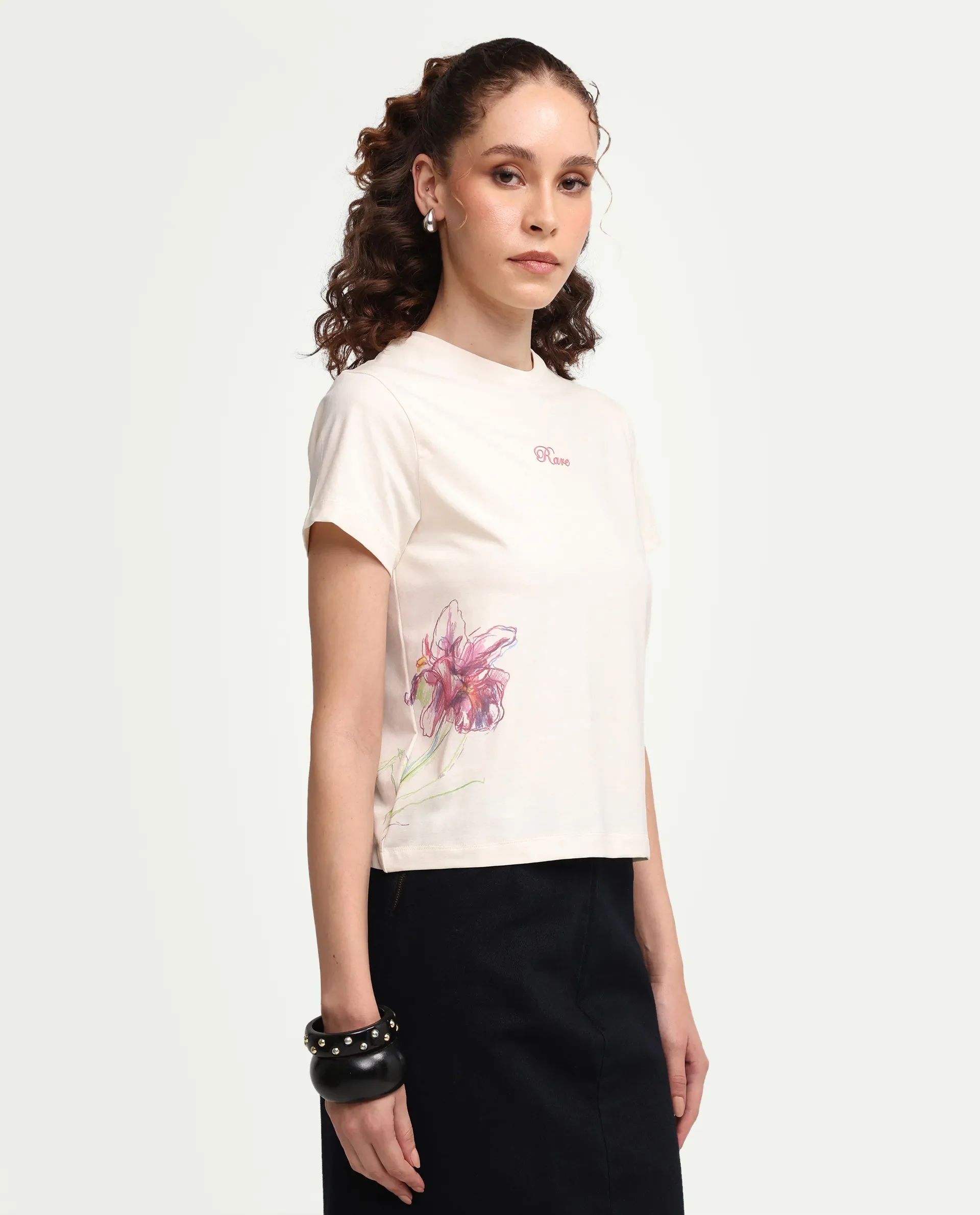 Rareism Women's Zikks Off White Cotton Blend Half Sleeve Regular Fit Floral Print T-Shirt - Image 5