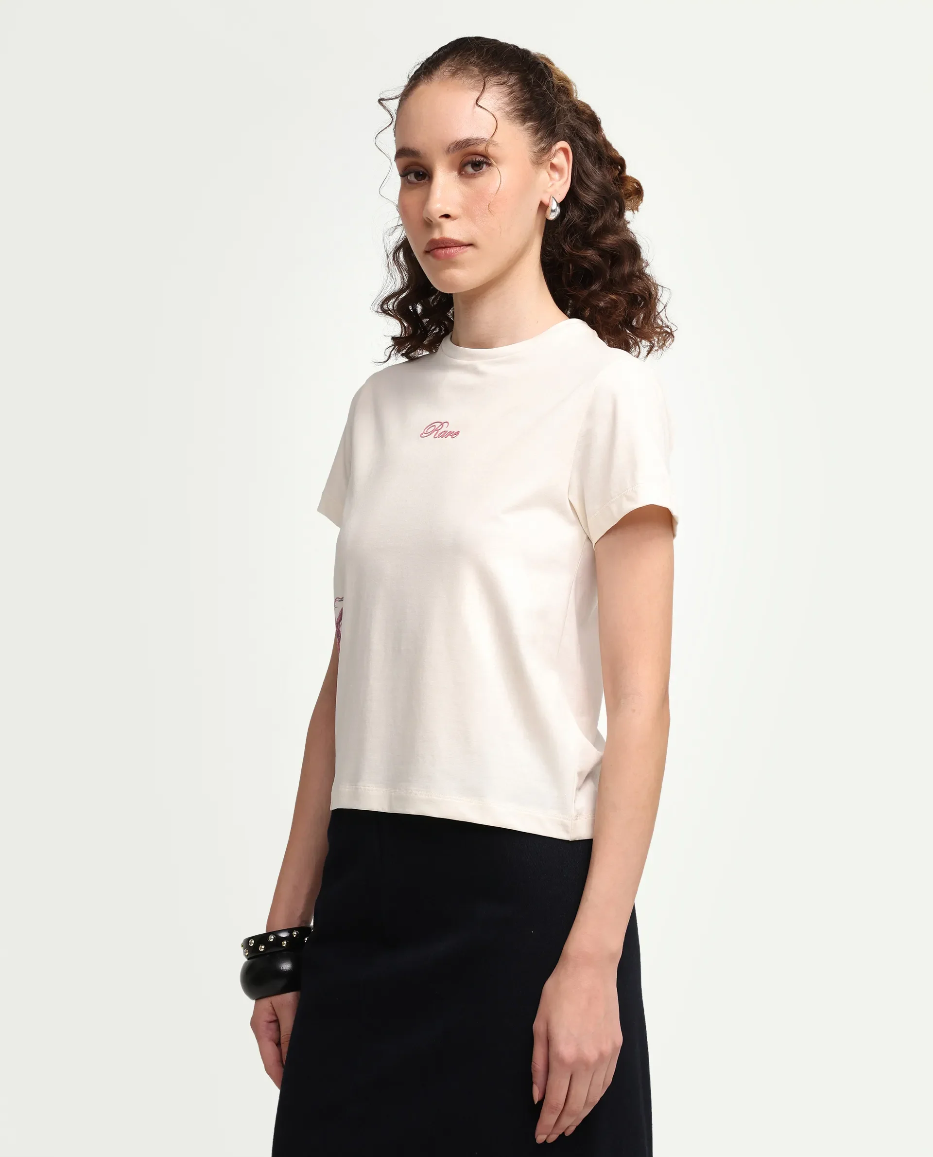 Rareism Women's Zikks Off White Cotton Blend Half Sleeve Regular Fit Floral Print T-Shirt - Image 6