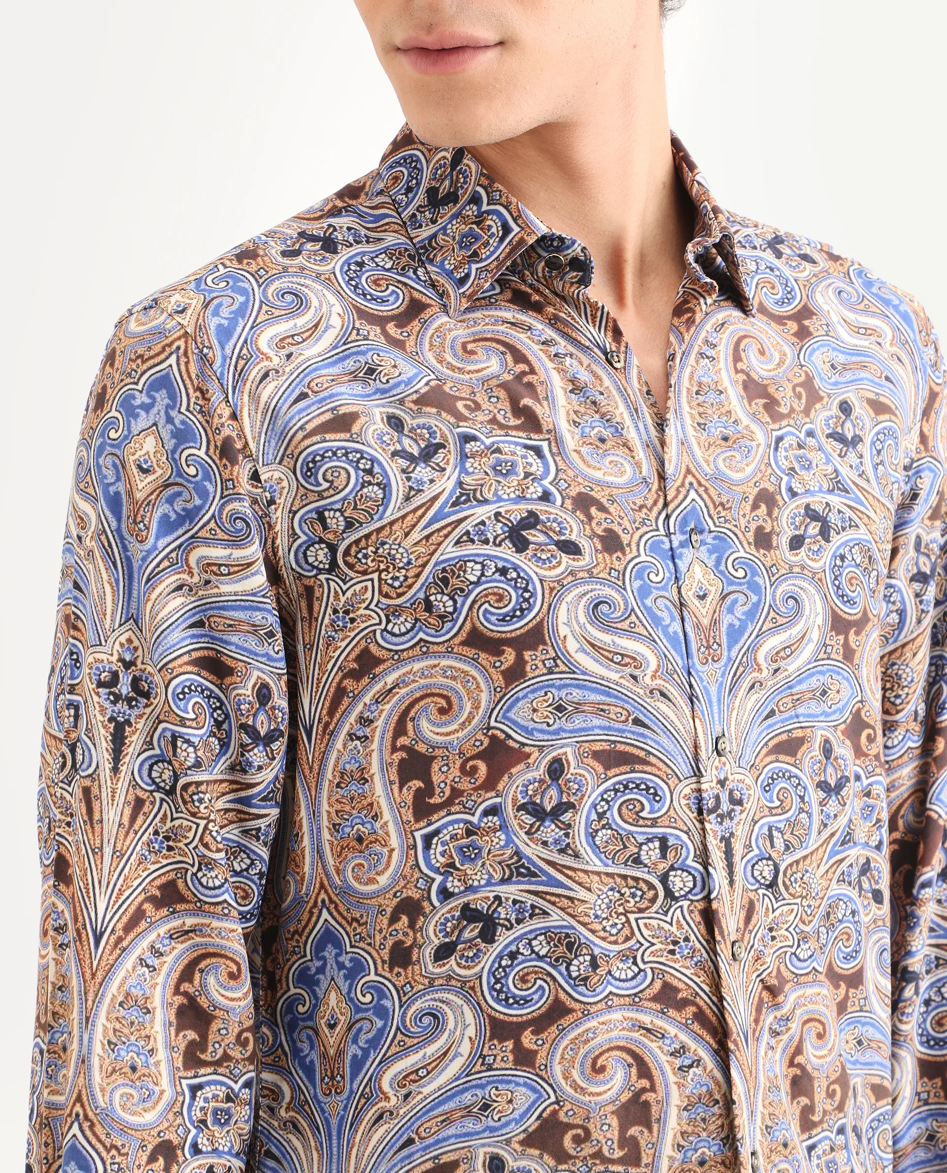 Rare Rabbit Men's Zila Brown Cotton Fabric Full Sleeve Spread Collar Regular Fit Paisley Print Shirt - Image 3