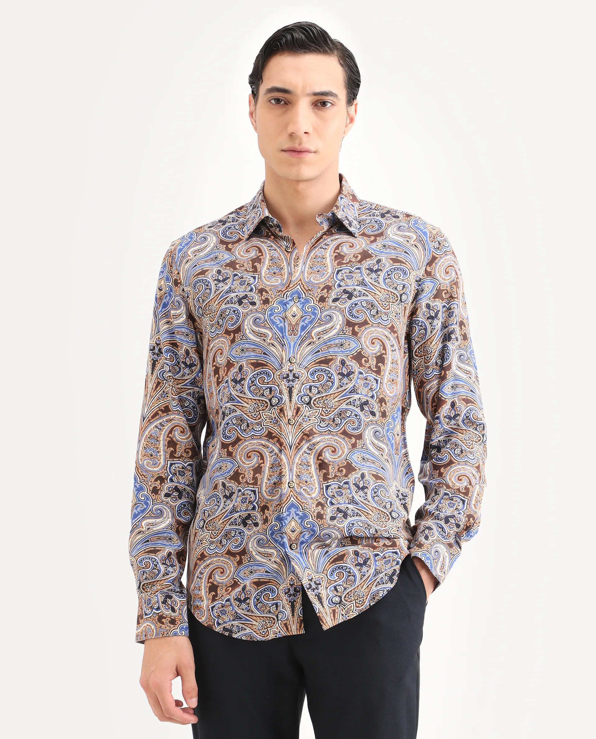 Rare Rabbit Men's Zila Brown Cotton Fabric Full Sleeve Spread Collar Regular Fit Paisley Print Shirt - Image 4