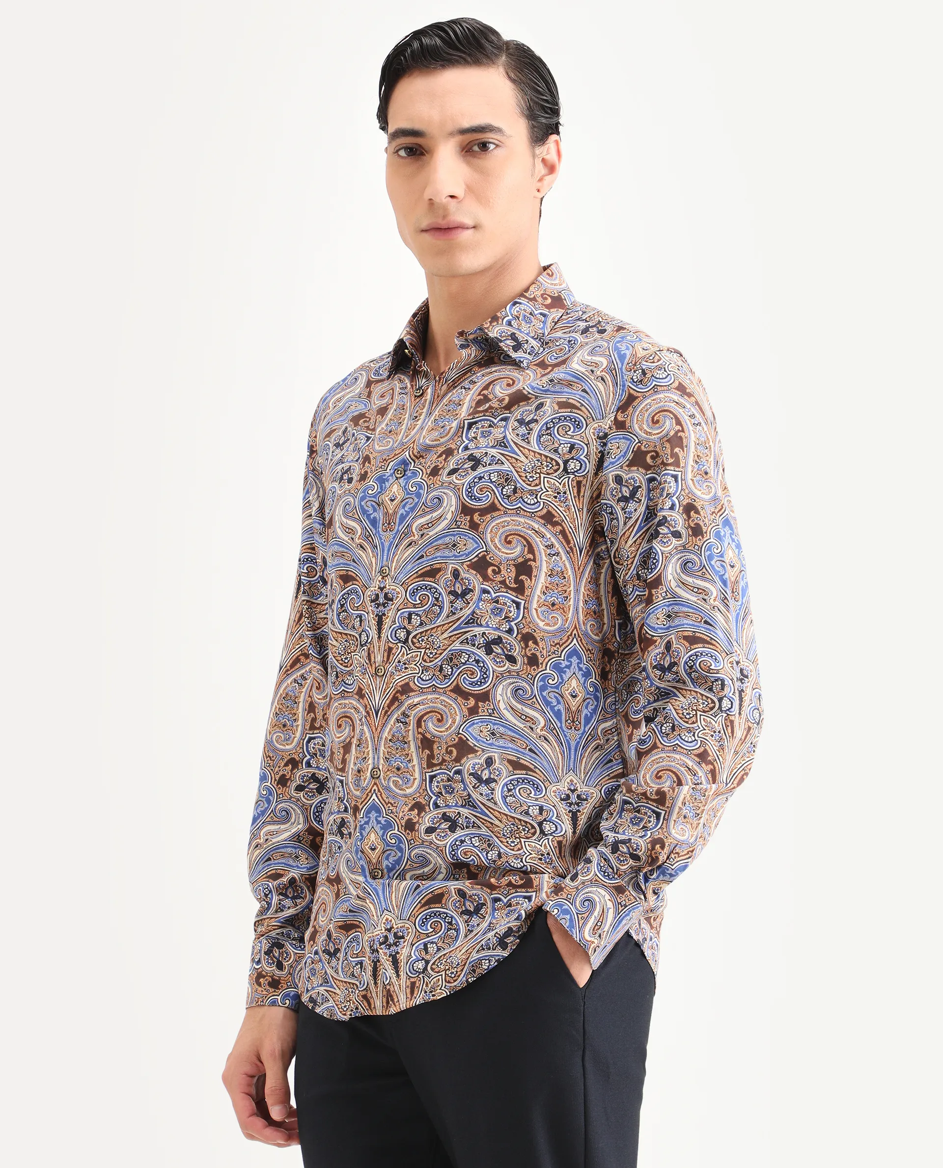 Rare Rabbit Men's Zila Brown Cotton Fabric Full Sleeve Spread Collar Regular Fit Paisley Print Shirt - Image 5