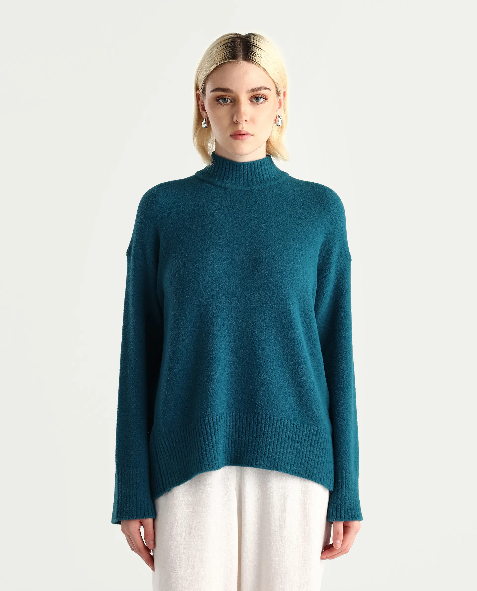 Rareism Women's Zilli Dark Petrol Nylon High Neck Oversize Fit Sweater Oversize - Image 3