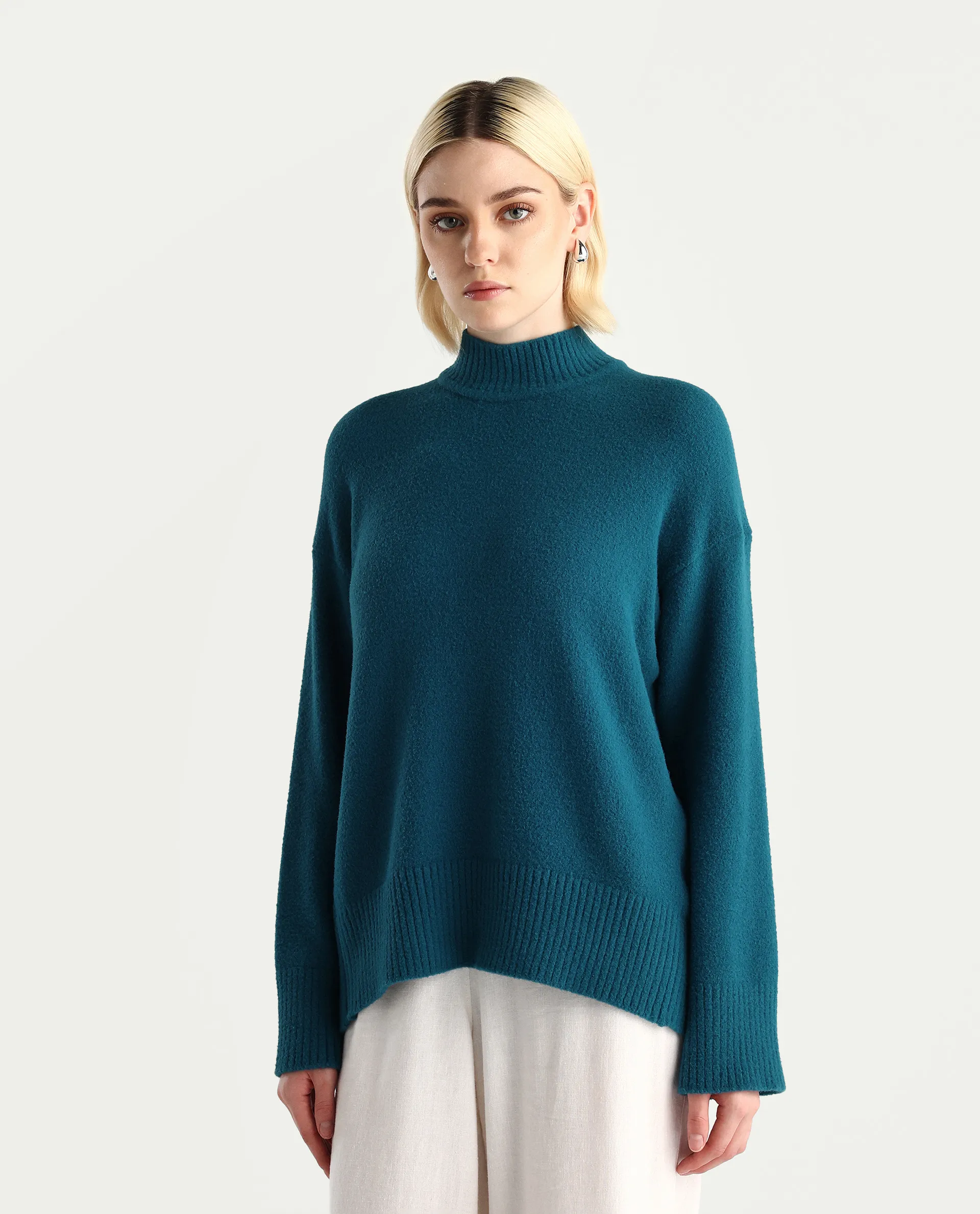 Rareism Women's Zilli Dark Petrol Nylon High Neck Oversize Fit Sweater Oversize - Image 5