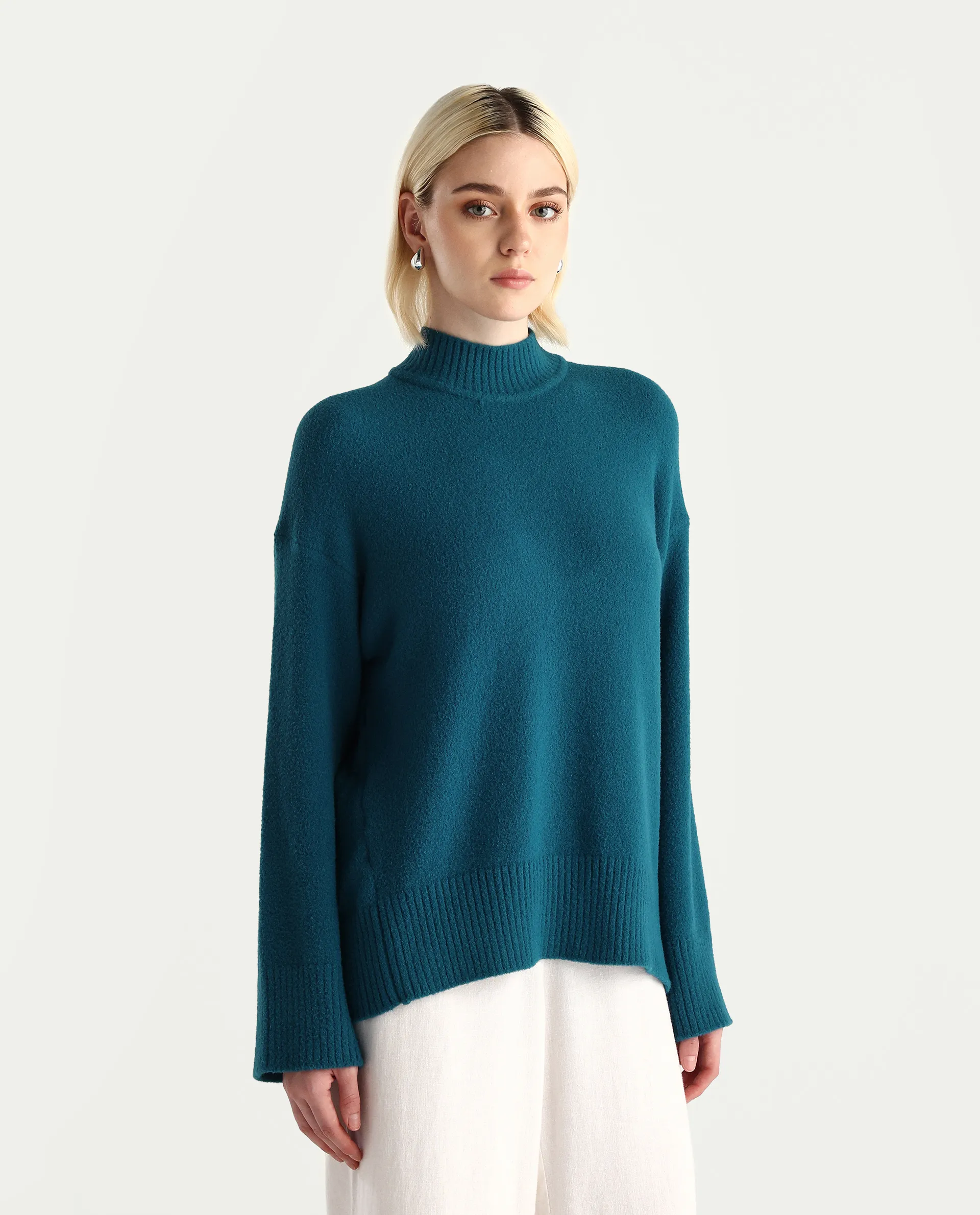Rareism Women's Zilli Dark Petrol Nylon High Neck Oversize Fit Sweater Oversize - Image 6