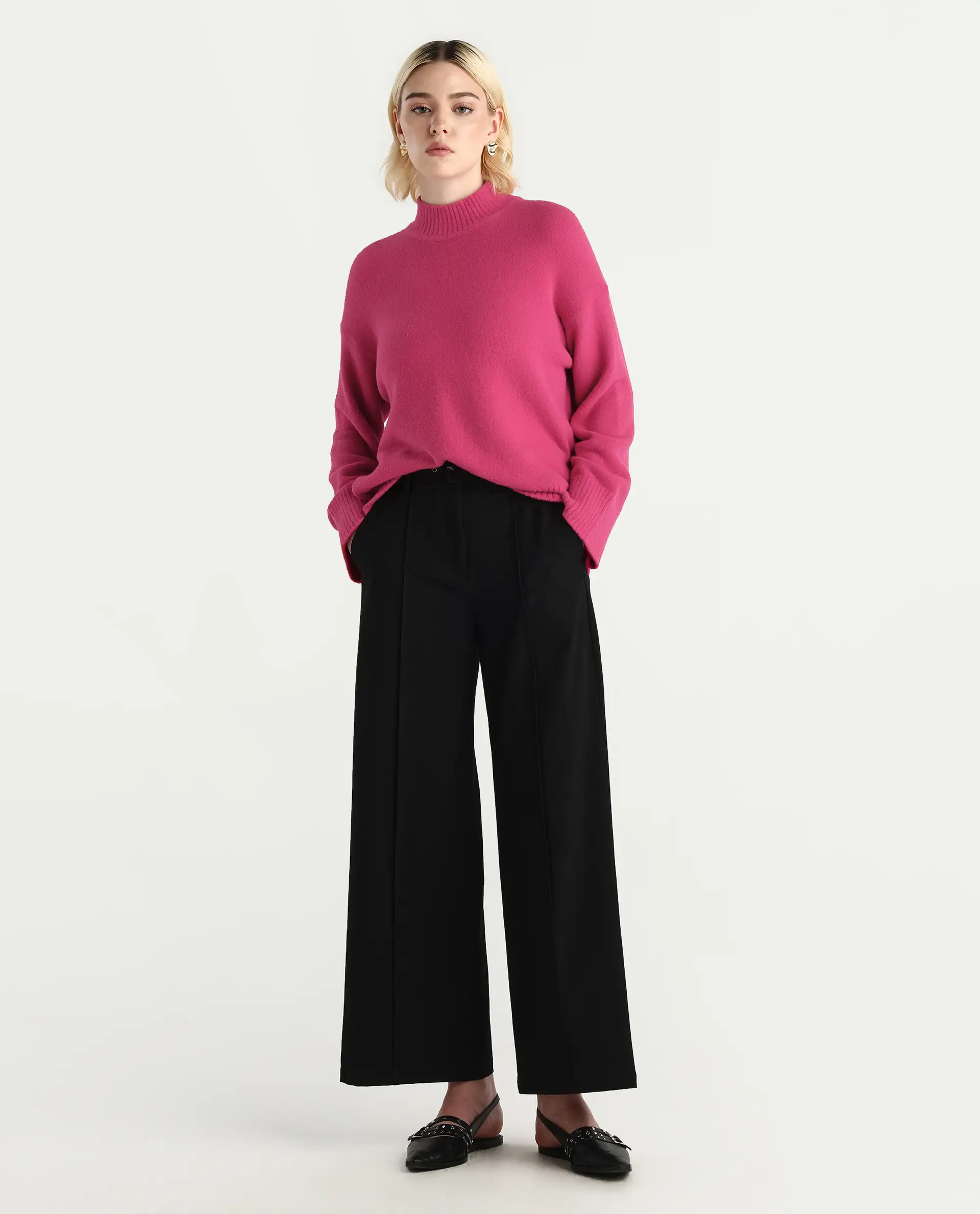 Rareism Women's Zilli Pink Nylon High Neck Oversize Fit Sweater - Image 2