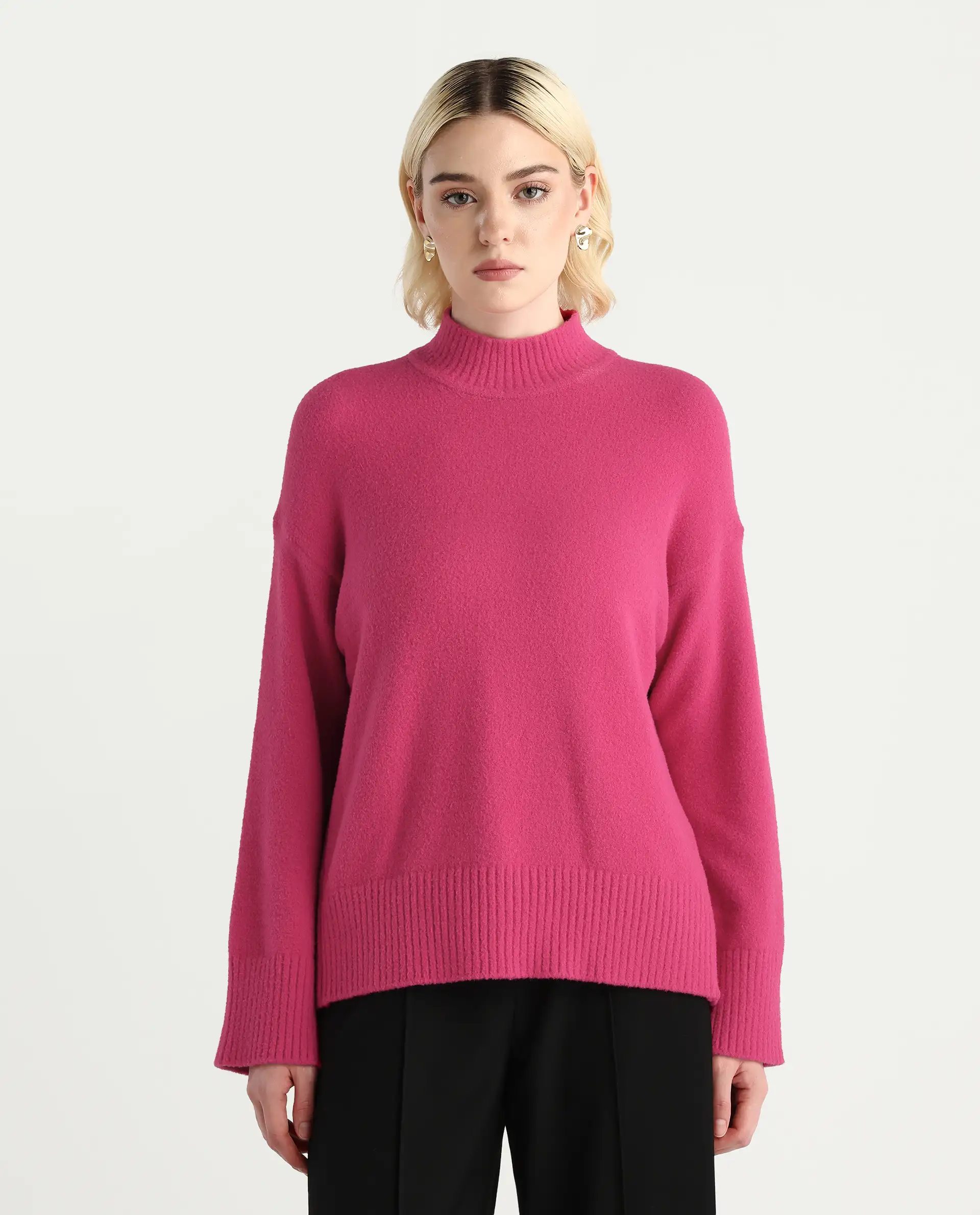 Rareism Women's Zilli Pink Nylon High Neck Oversize Fit Sweater - Image 3
