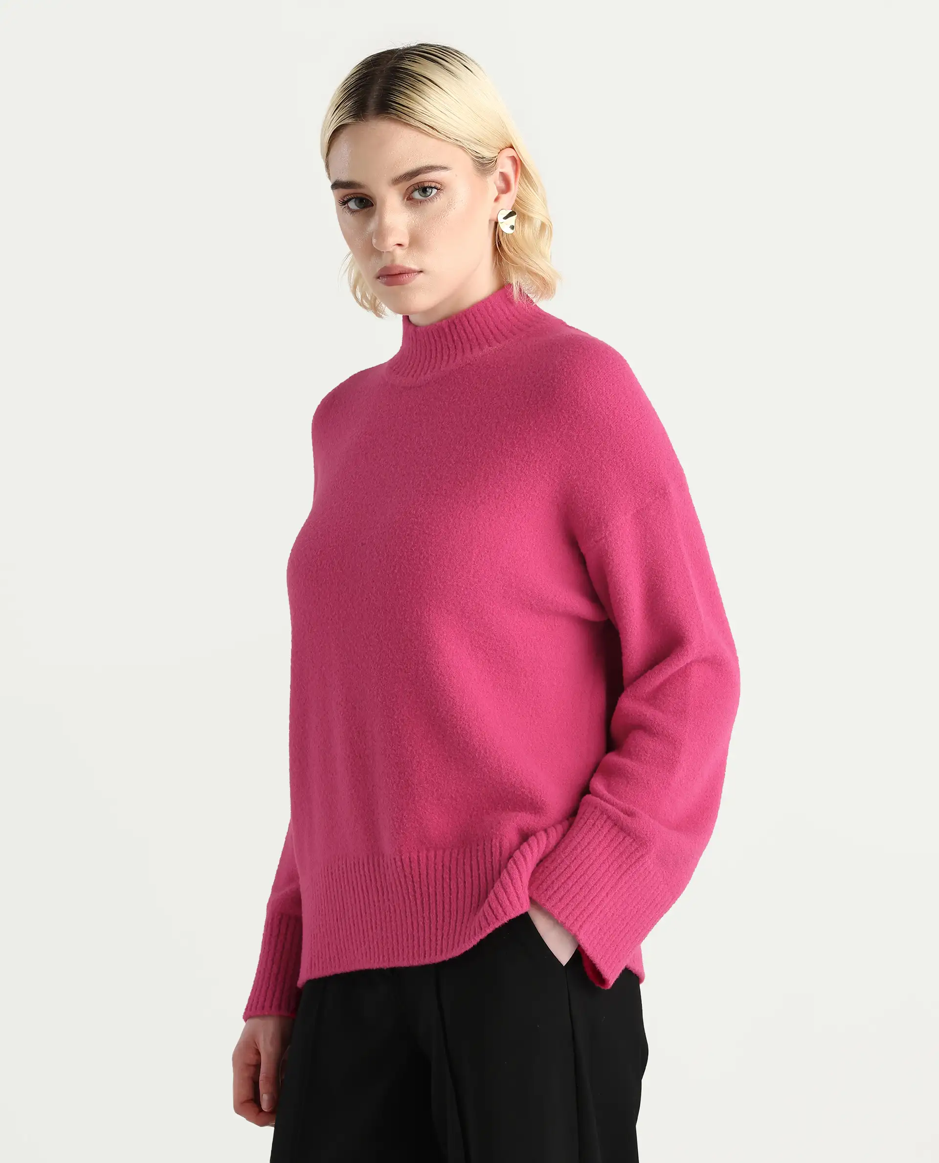 Rareism Women's Zilli Pink Nylon High Neck Oversize Fit Sweater - Image 5
