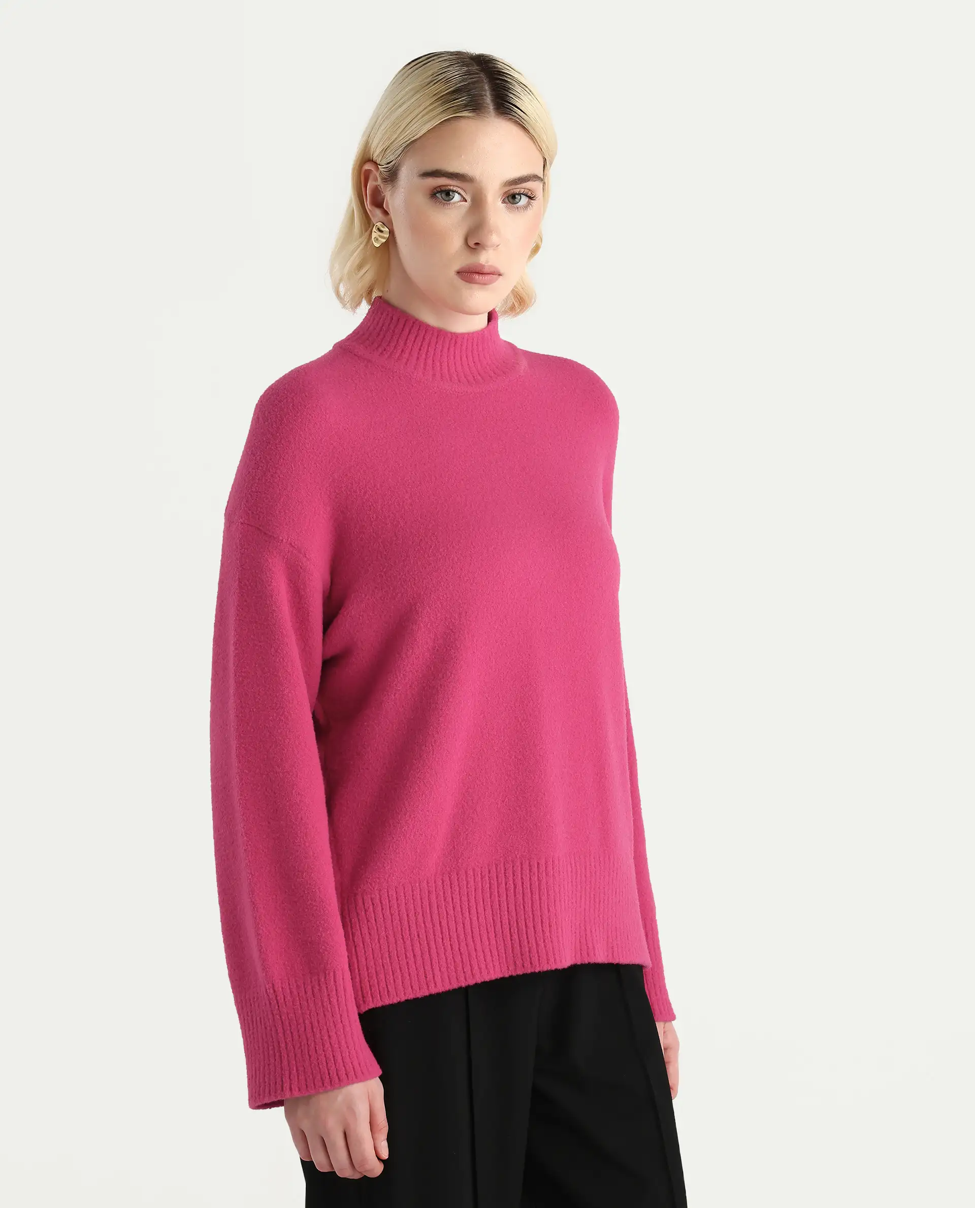 Rareism Women's Zilli Pink Nylon High Neck Oversize Fit Sweater - Image 6