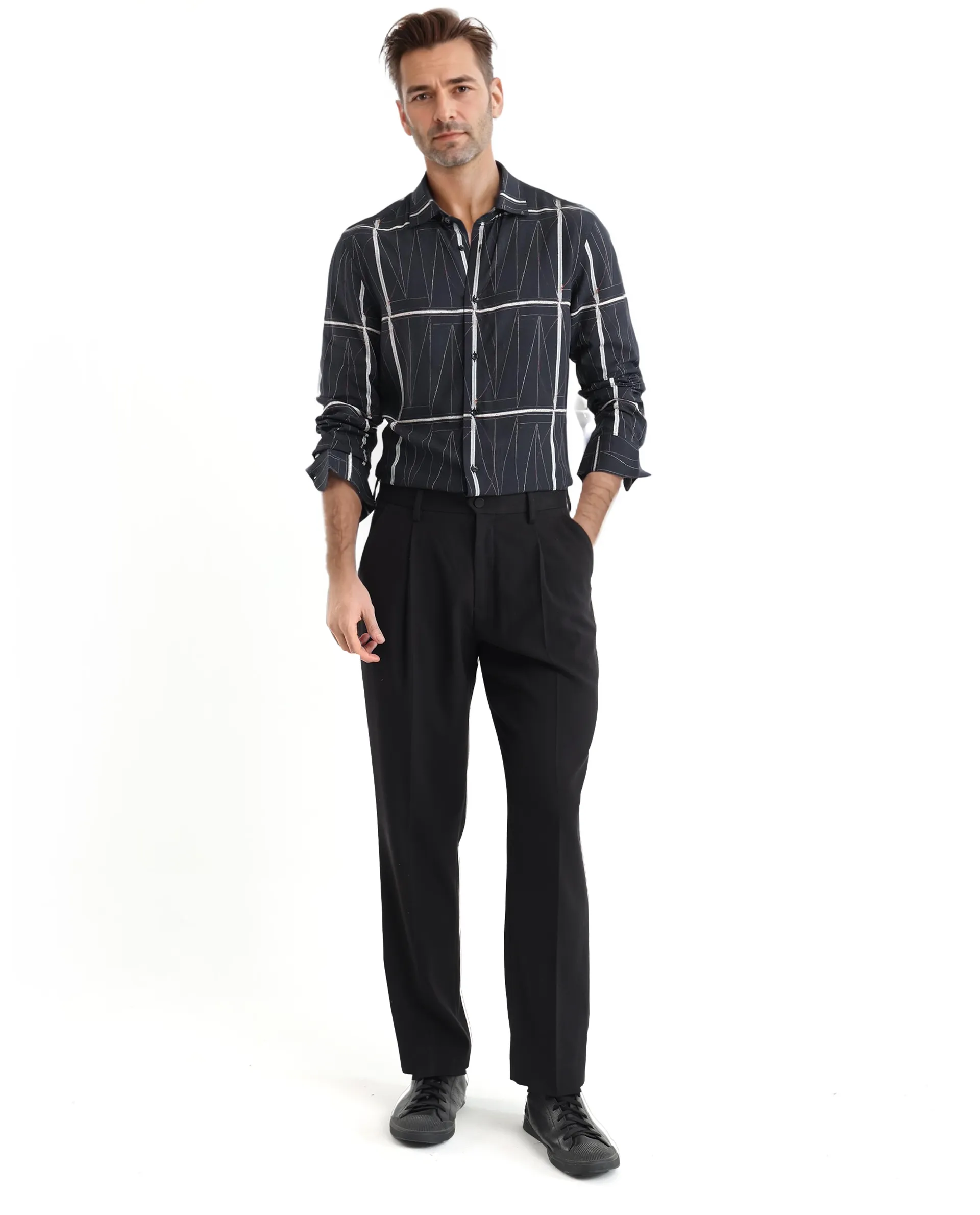 Rare Rabbit Men's Zilon Black Viscose Abstract Print Regular Fit Full Sleeve Collared Shirt - Image 2