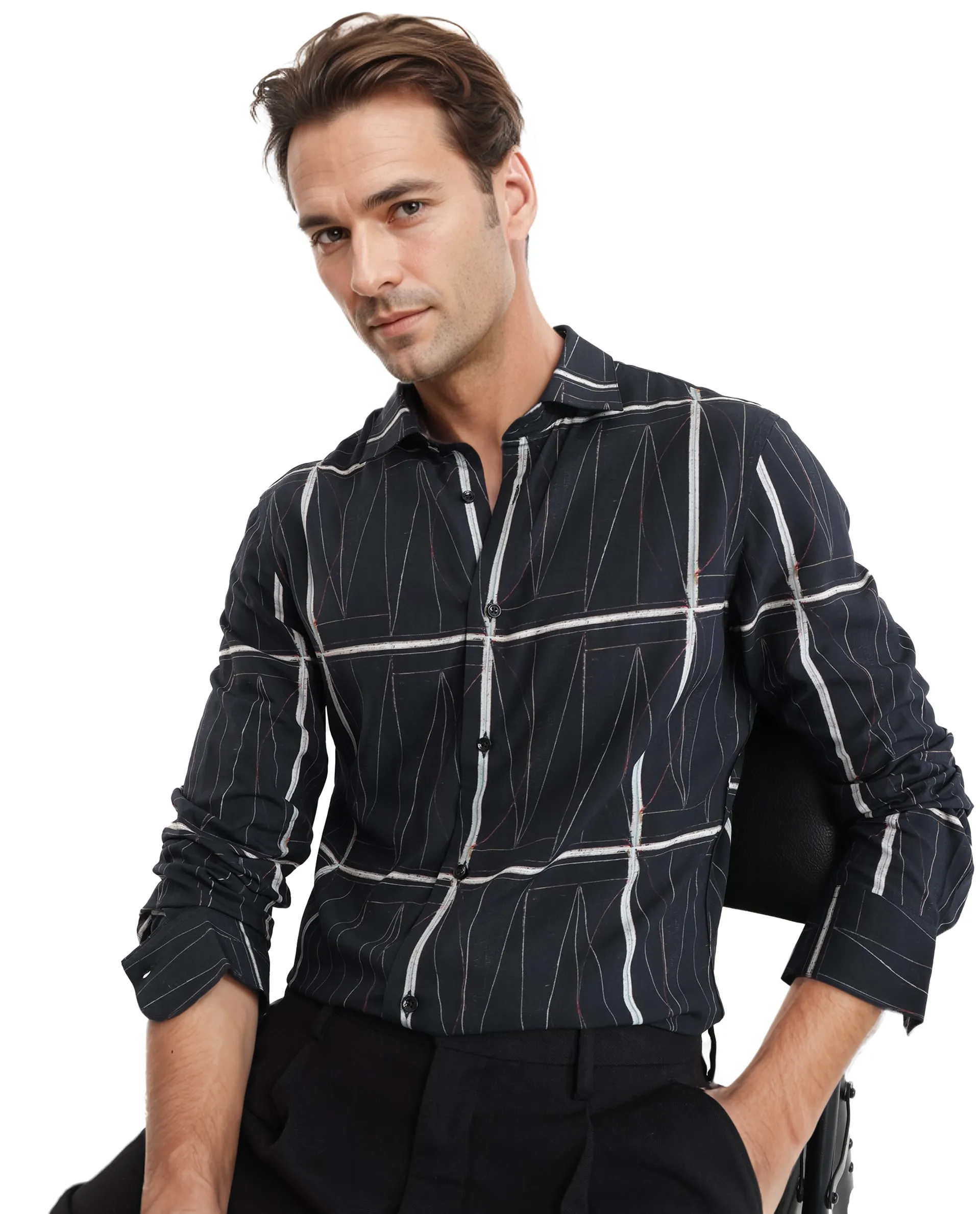 Rare Rabbit Men's Zilon Black Viscose Abstract Print Regular Fit Full Sleeve Collared Shirt - Image 6