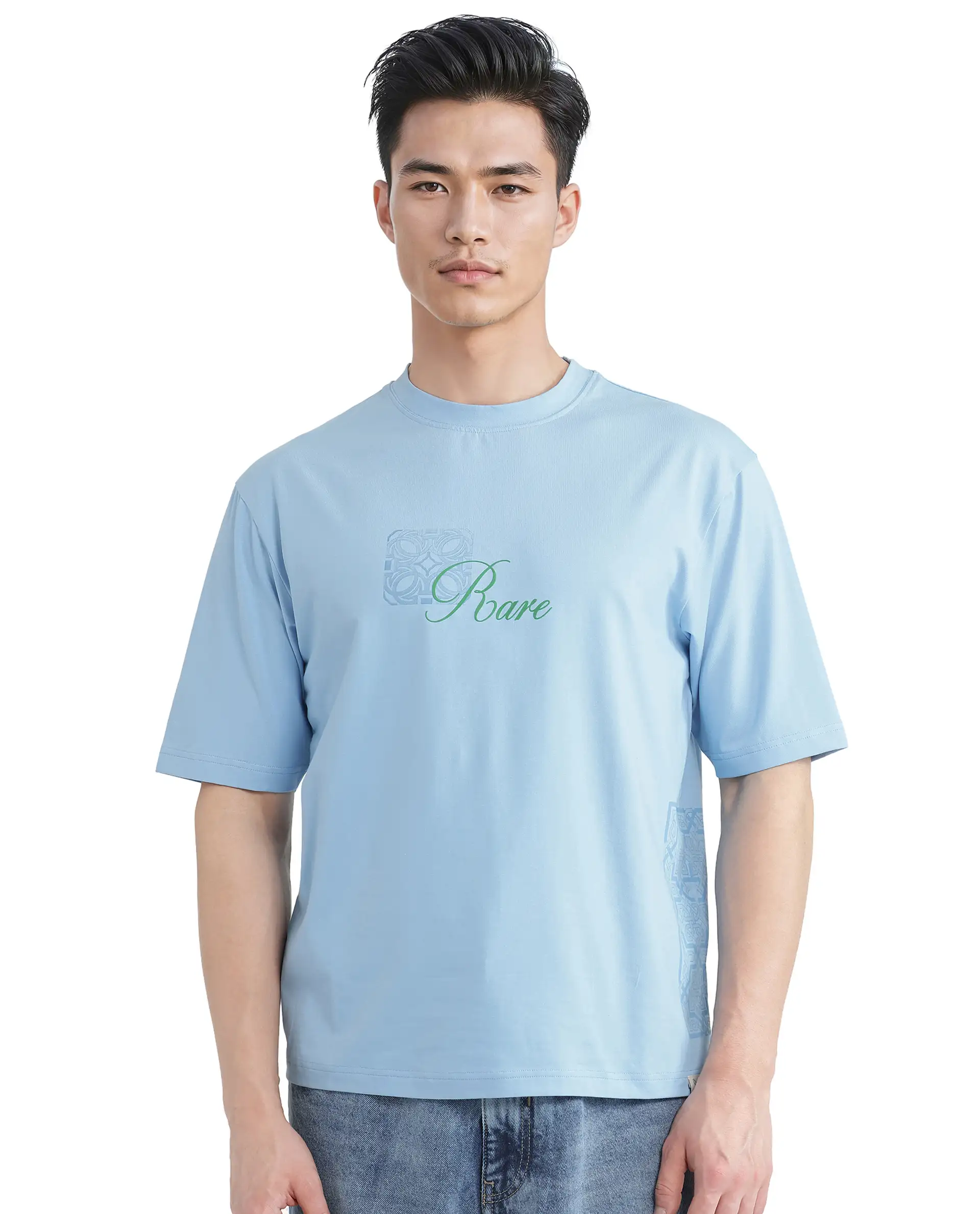 Rare Rabbit Men's Zilos Light Blue Cotton Blend Graphic Print Oversized Fit Half Sleeve Crew Neck T-Shirt - Image 2