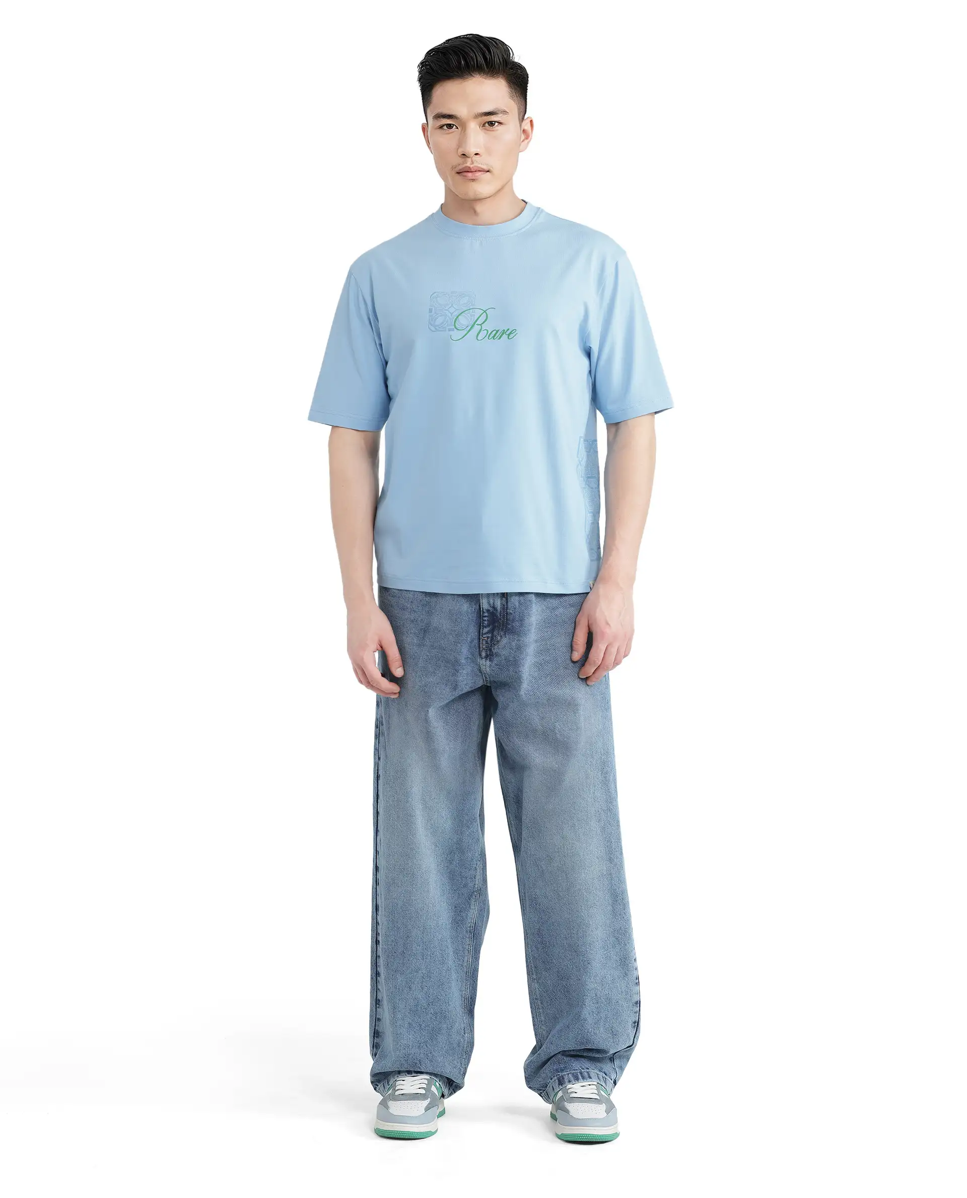 Rare Rabbit Men's Zilos Light Blue Cotton Blend Graphic Print Oversized Fit Half Sleeve Crew Neck T-Shirt - Image 3