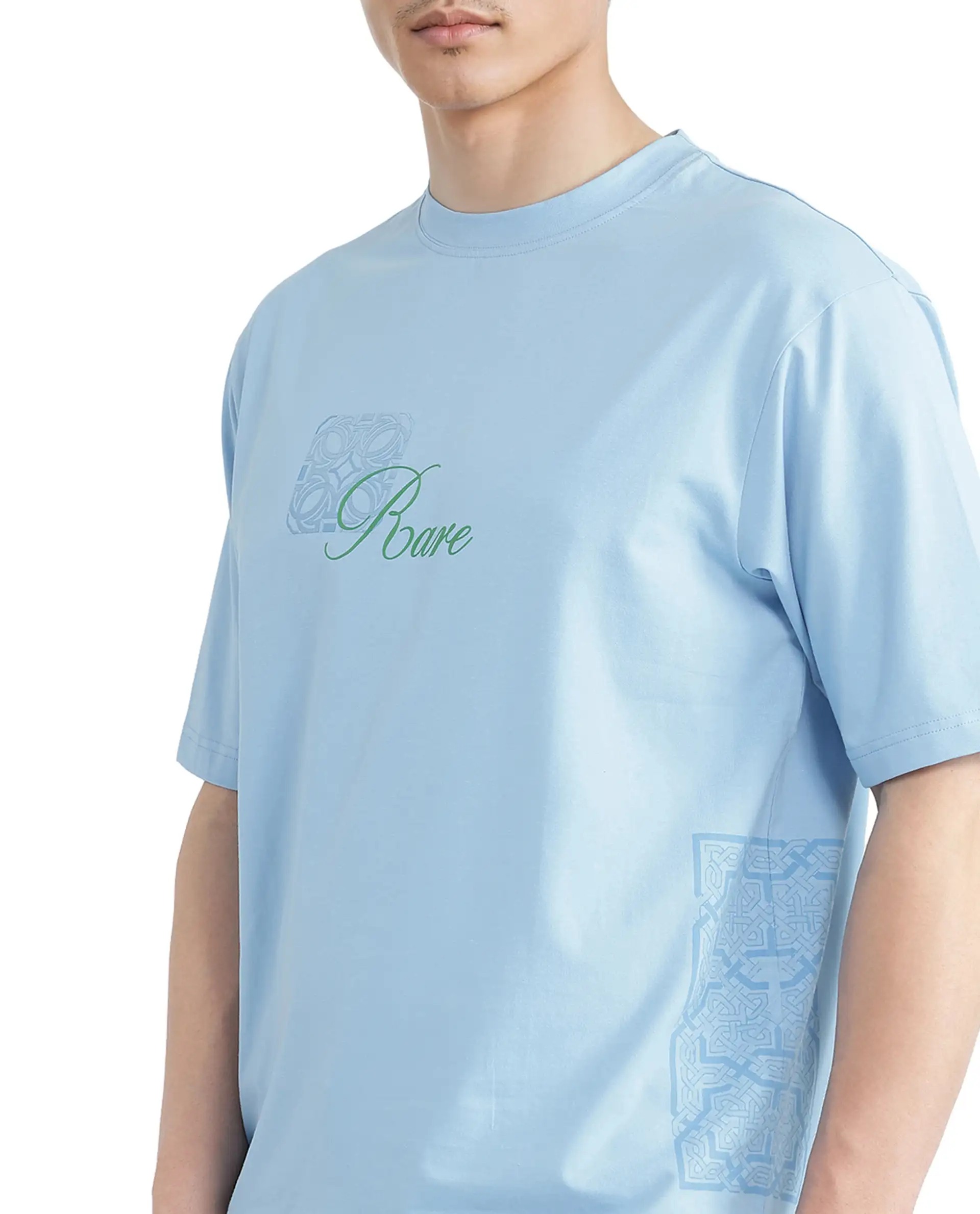Rare Rabbit Men's Zilos Light Blue Cotton Blend Graphic Print Oversized Fit Half Sleeve Crew Neck T-Shirt - Image 4