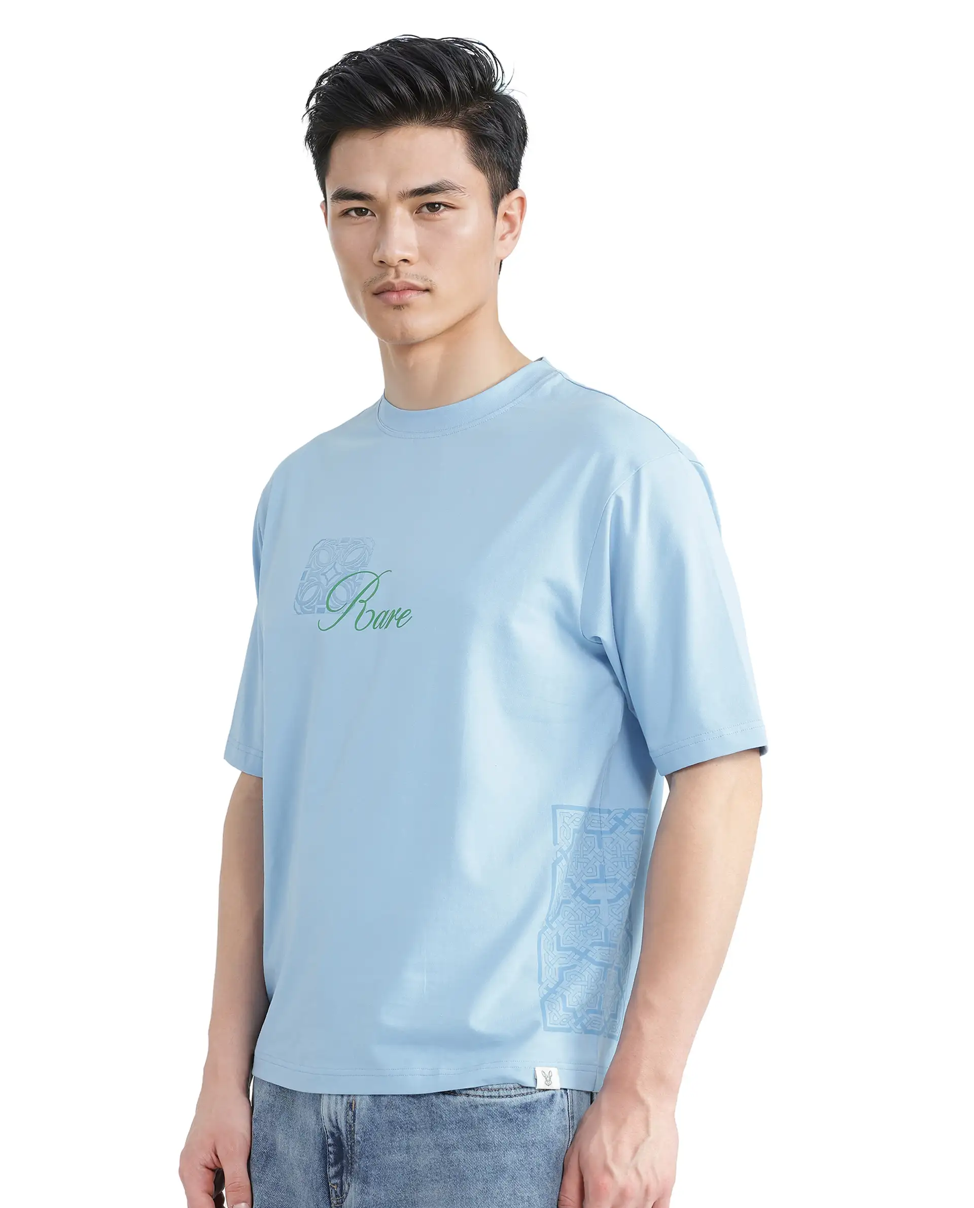 Rare Rabbit Men's Zilos Light Blue Cotton Blend Graphic Print Oversized Fit Half Sleeve Crew Neck T-Shirt - Image 5