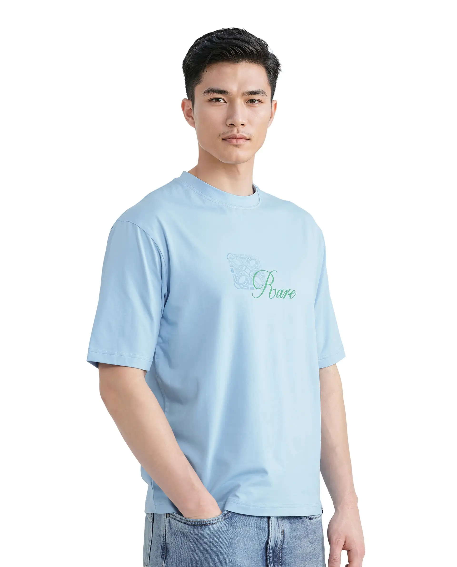 Rare Rabbit Men's Zilos Light Blue Cotton Blend Graphic Print Oversized Fit Half Sleeve Crew Neck T-Shirt - Image 6