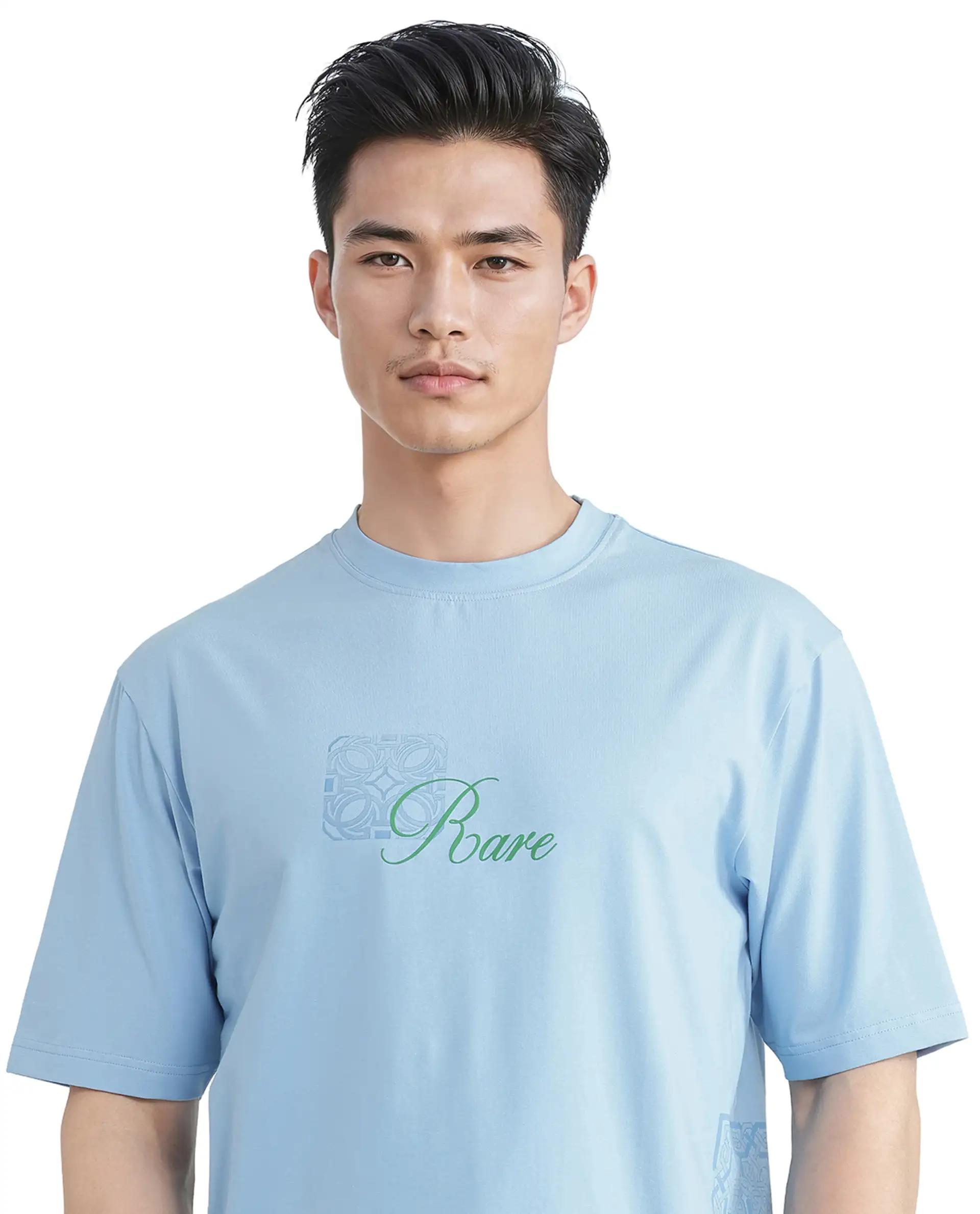 Rare Rabbit Men's Zilos Light Blue Cotton Blend Graphic Print Oversized Fit Half Sleeve Crew Neck T-Shirt - Image 8