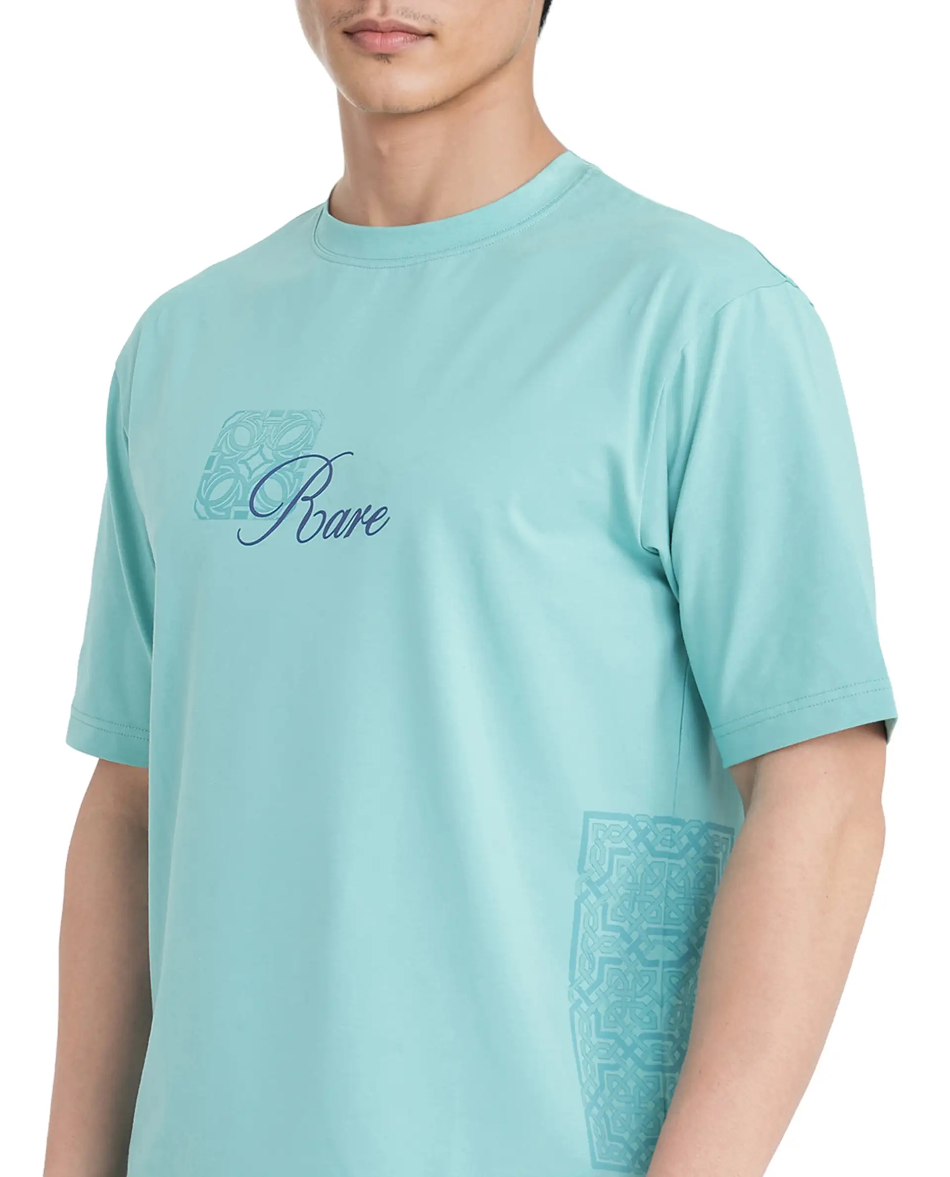 Rare Rabbit Men's Zilos Light Green Cotton Blend Graphic Print Oversized Fit Half Sleeve Crew Neck T-Shirt - Image 3