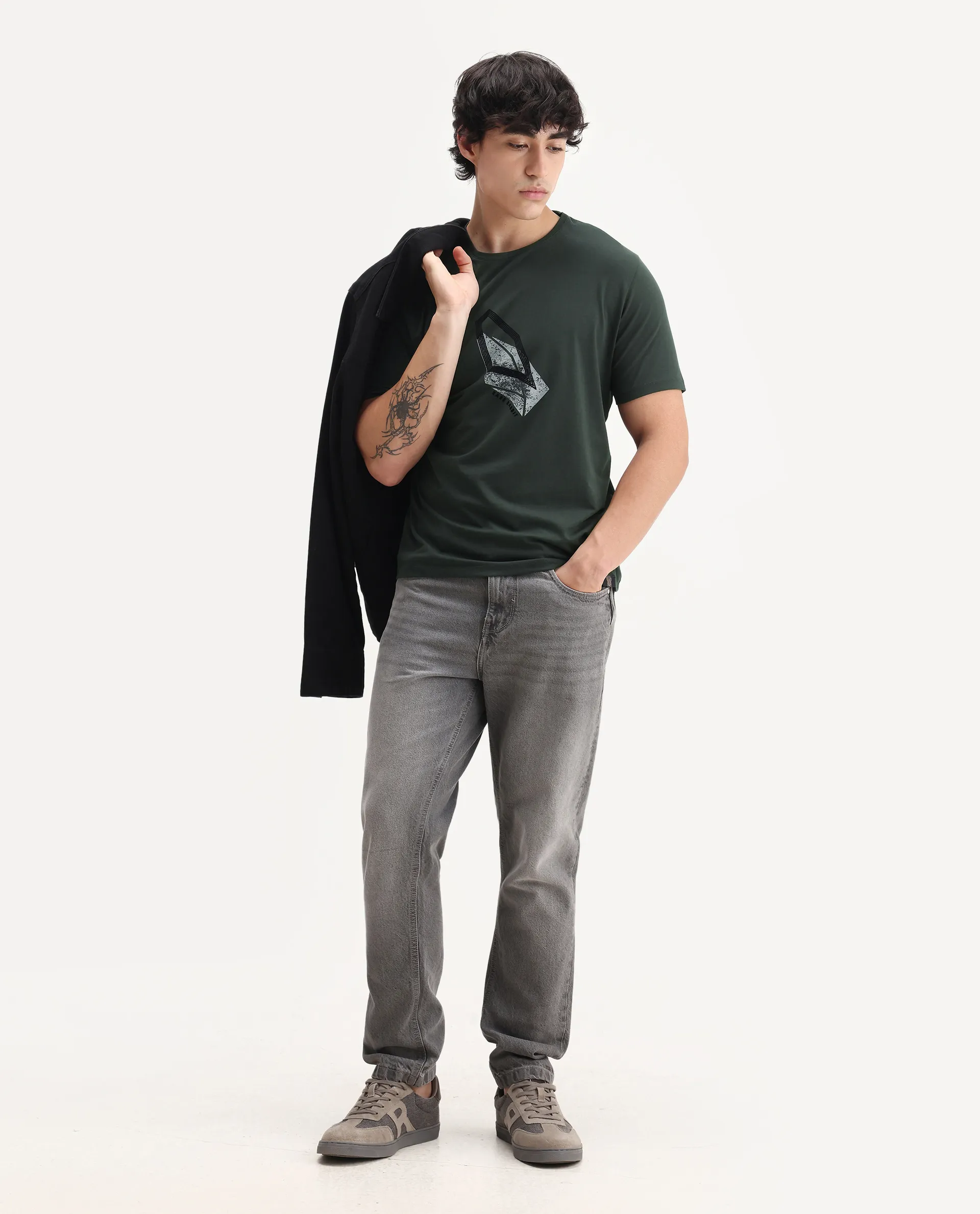 Rare Rabbit Men's Zima Dark Olive Cotton Blend Graphic Print Regular Fit Half Sleeve Crew Neck T-Shirt - Image 2