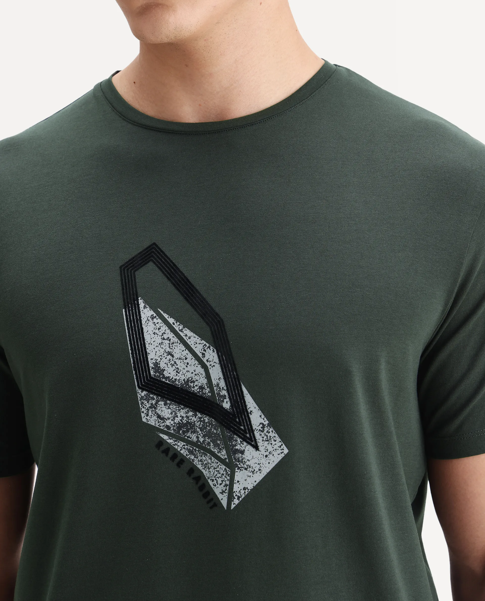 Rare Rabbit Men's Zima Dark Olive Cotton Blend Graphic Print Regular Fit Half Sleeve Crew Neck T-Shirt - Image 3