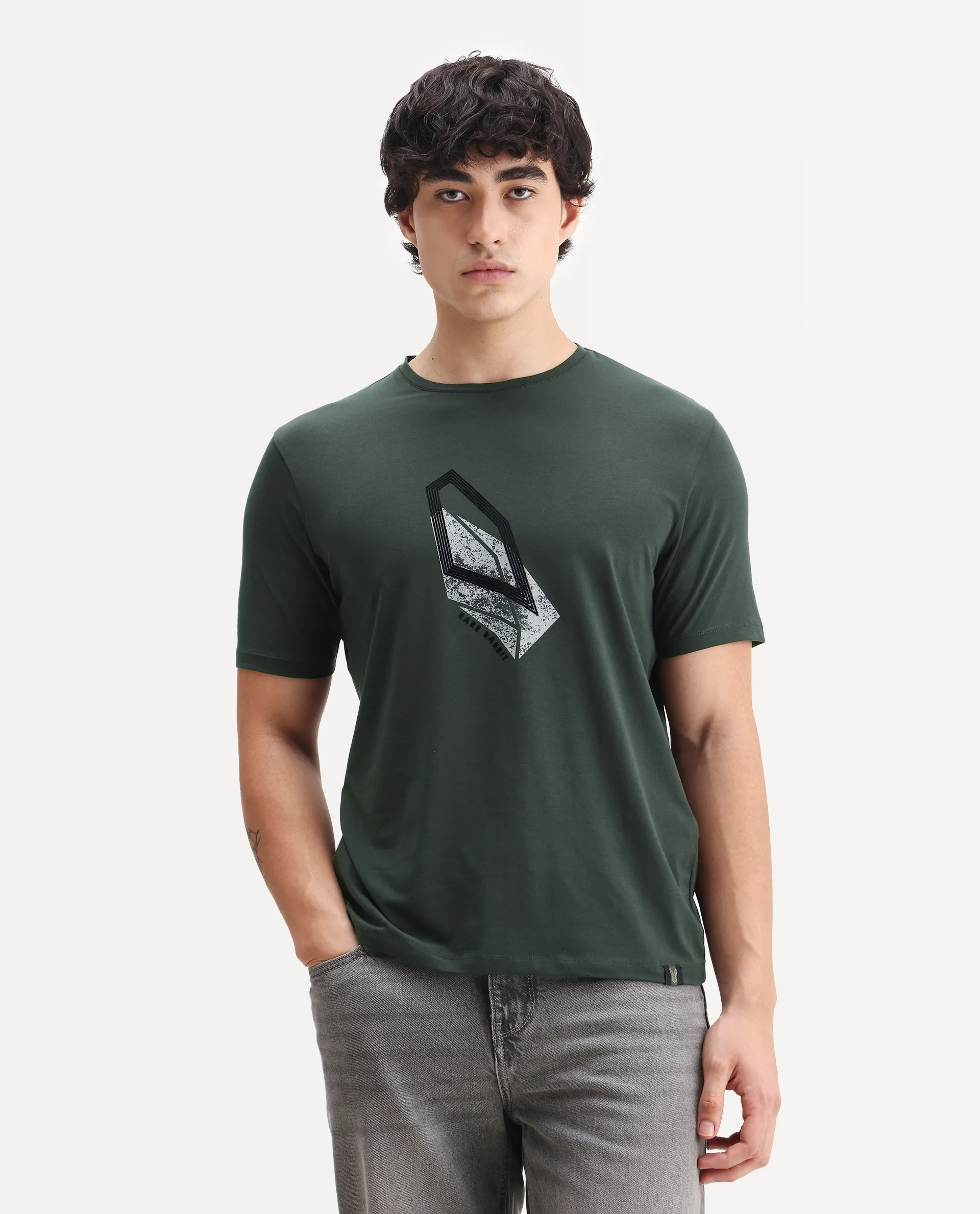 Rare Rabbit Men's Zima Dark Olive Cotton Blend Graphic Print Regular Fit Half Sleeve Crew Neck T-Shirt - Image 4