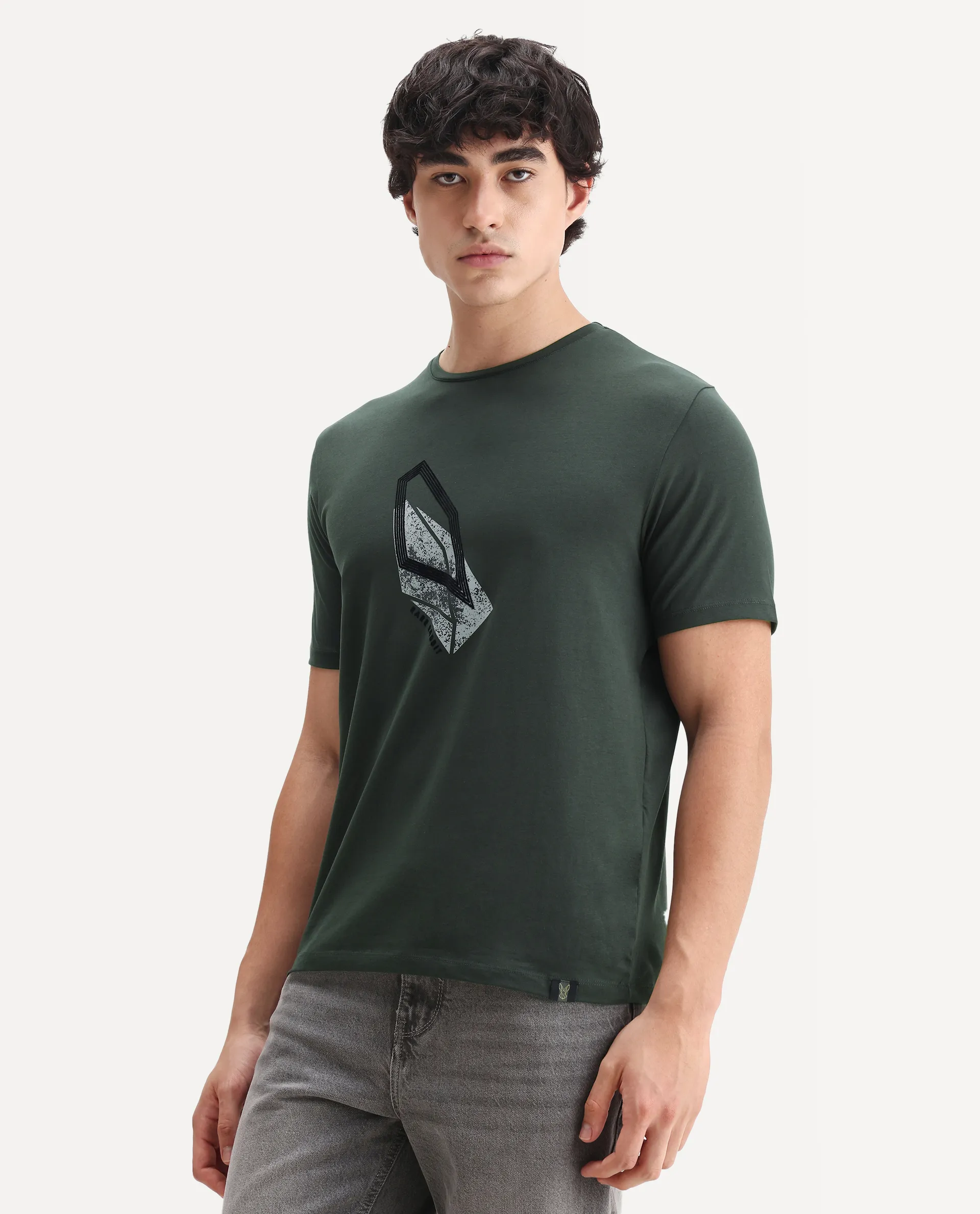 Rare Rabbit Men's Zima Dark Olive Cotton Blend Graphic Print Regular Fit Half Sleeve Crew Neck T-Shirt - Image 5