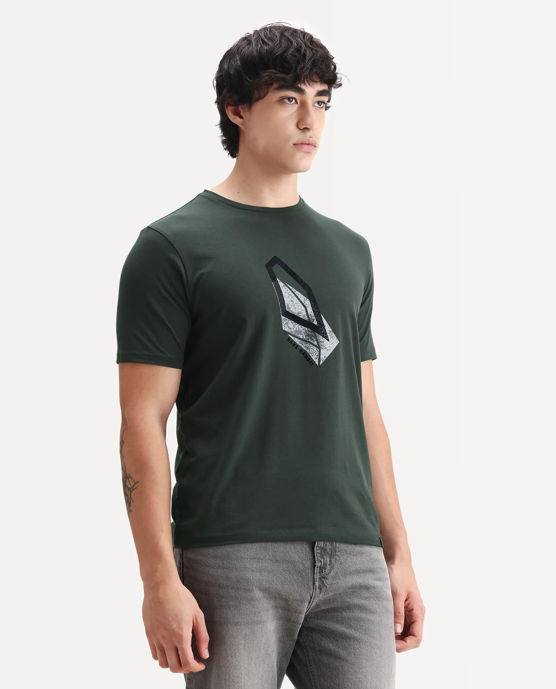 Rare Rabbit Men's Zima Dark Olive Cotton Blend Graphic Print Regular Fit Half Sleeve Crew Neck T-Shirt - Image 6