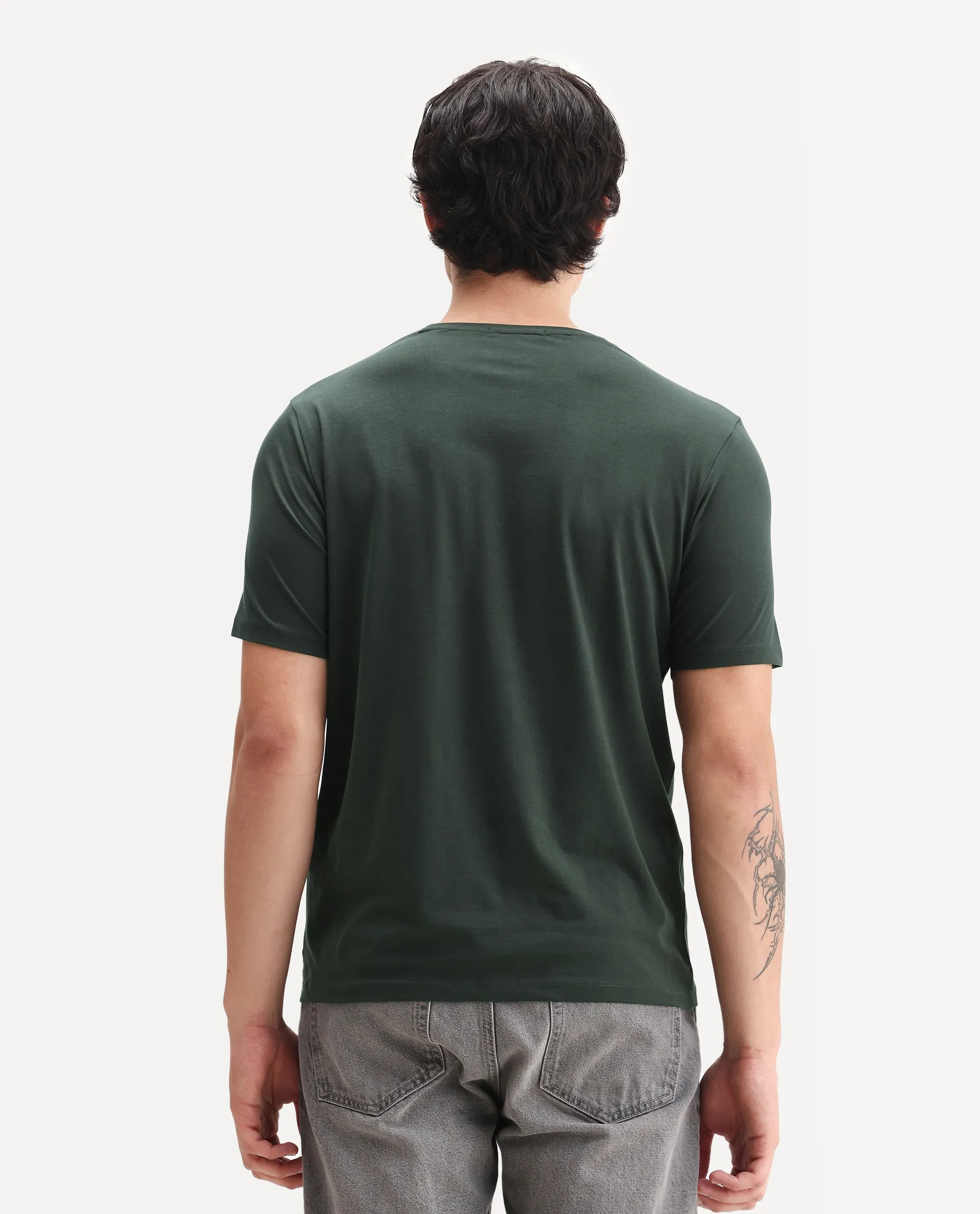Rare Rabbit Men's Zima Dark Olive Cotton Blend Graphic Print Regular Fit Half Sleeve Crew Neck T-Shirt - Image 7