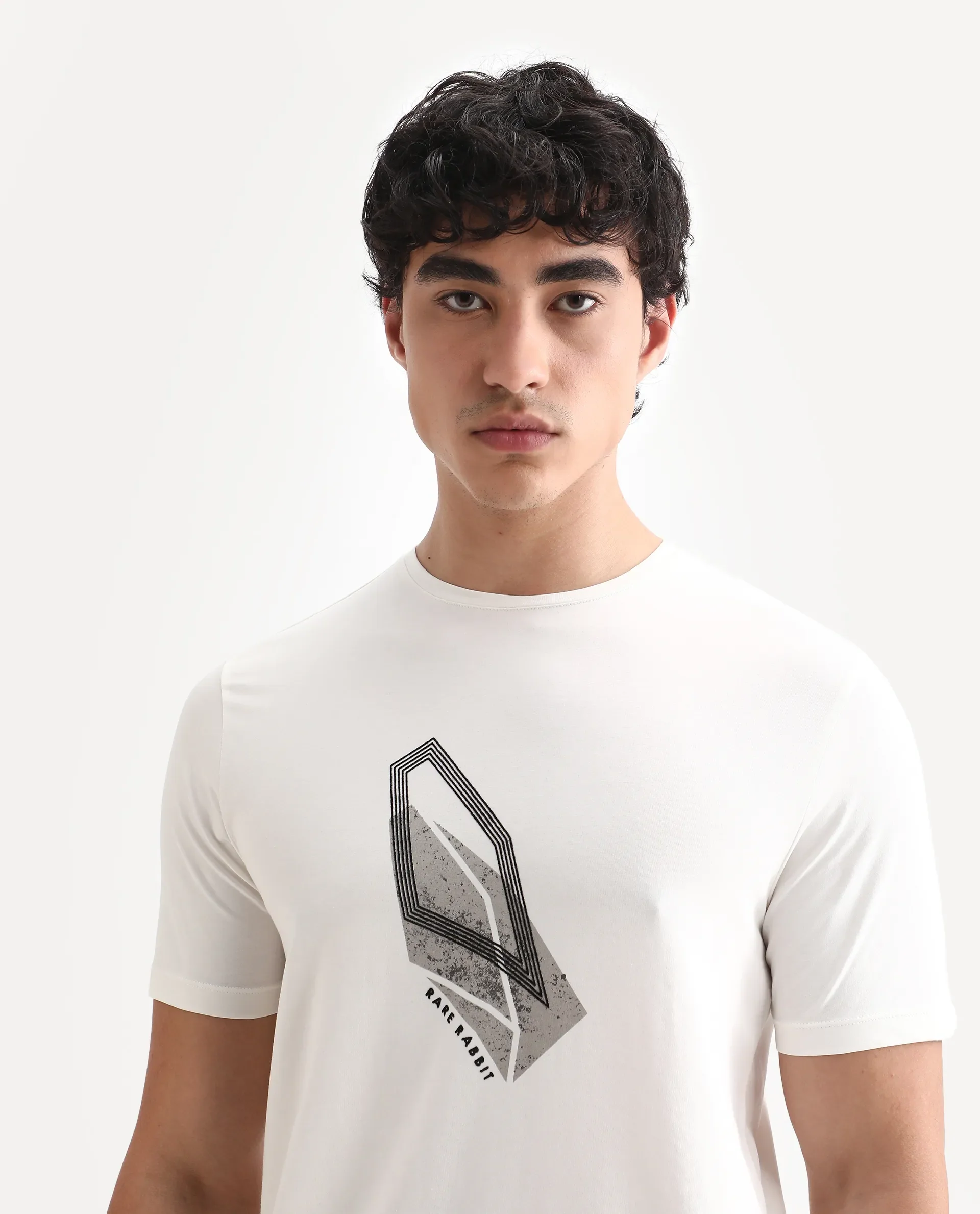 Rare Rabbit Men's Zima Off White Cotton Blend Graphic Print Regular Fit Half Sleeve Crew Neck T-Shirt - Image 2