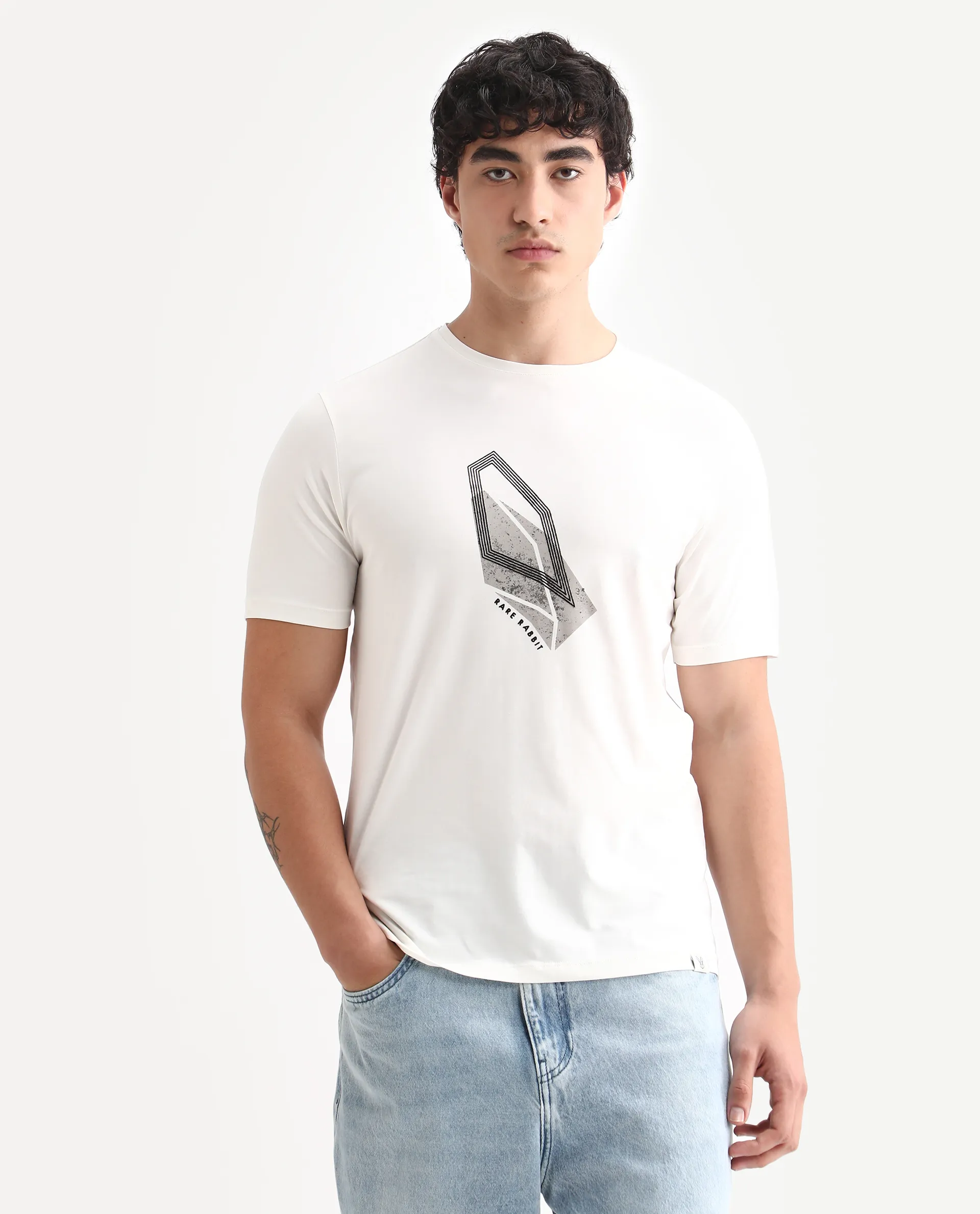 Rare Rabbit Men's Zima Off White Cotton Blend Graphic Print Regular Fit Half Sleeve Crew Neck T-Shirt - Image 4
