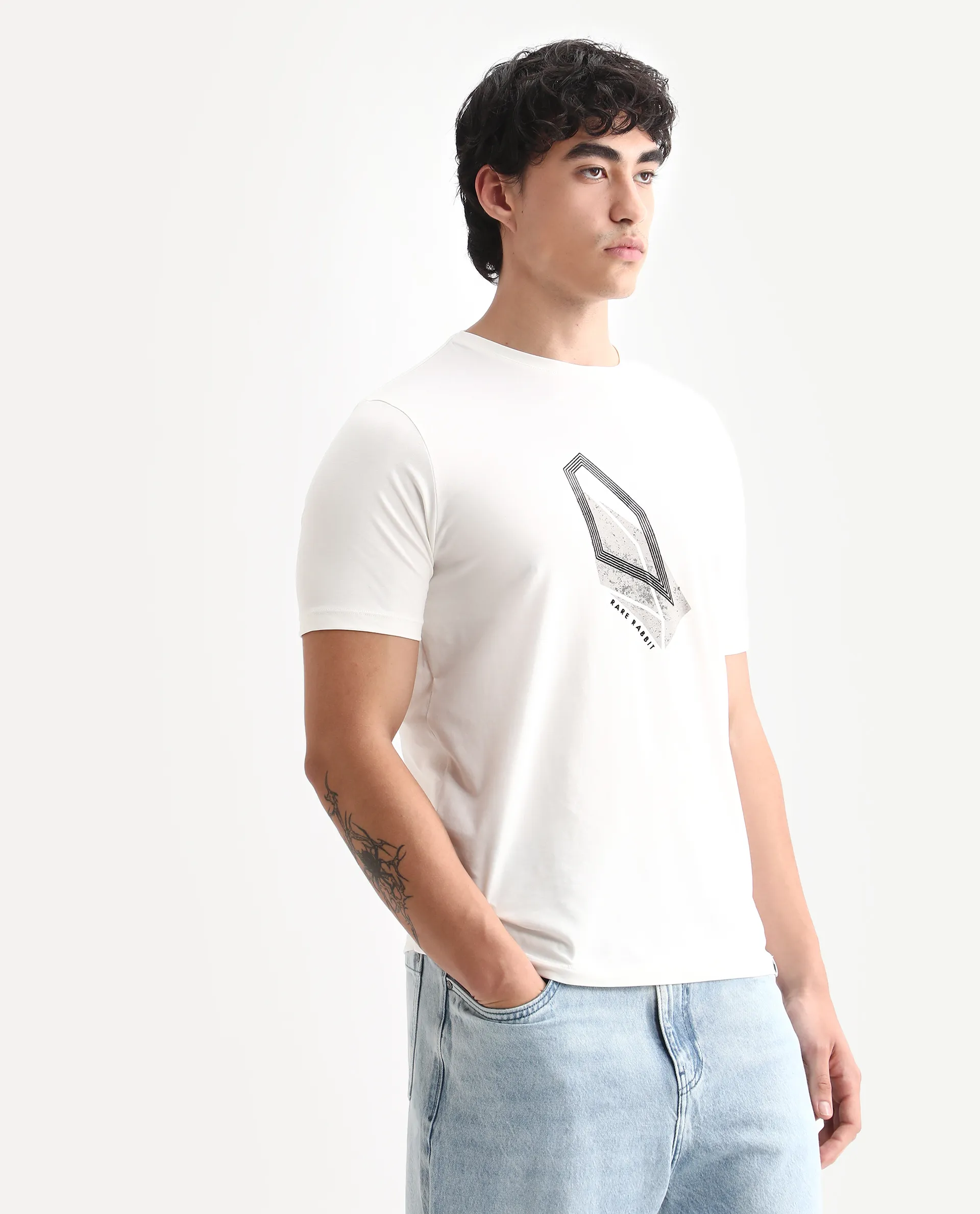 Rare Rabbit Men's Zima Off White Cotton Blend Graphic Print Regular Fit Half Sleeve Crew Neck T-Shirt - Image 6